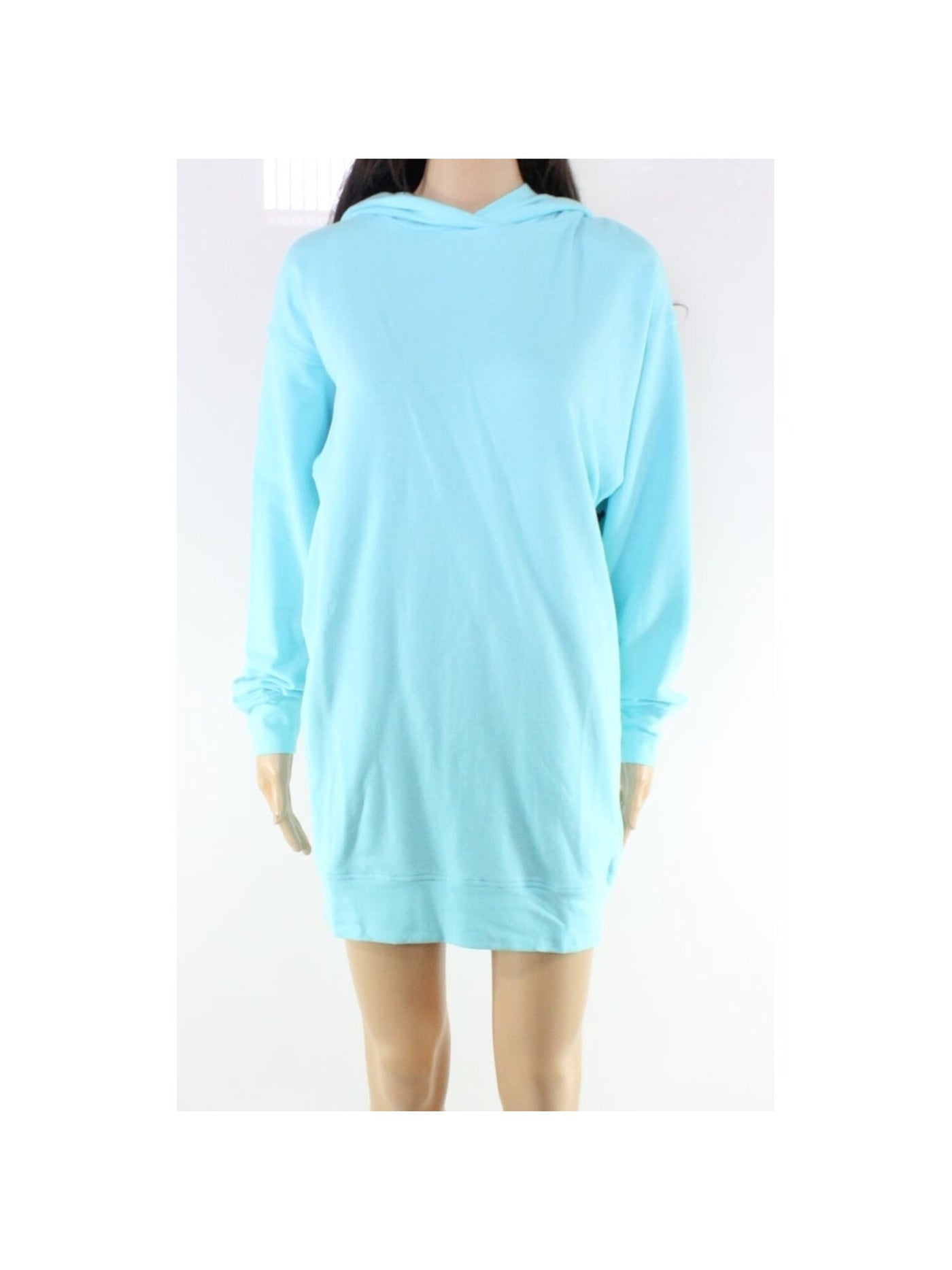 BAM BY BETSY & ADAM Womens Aqua Stretch Attached Hood, Pullover Long Sleeve Crew Neck Short Shift Dress S