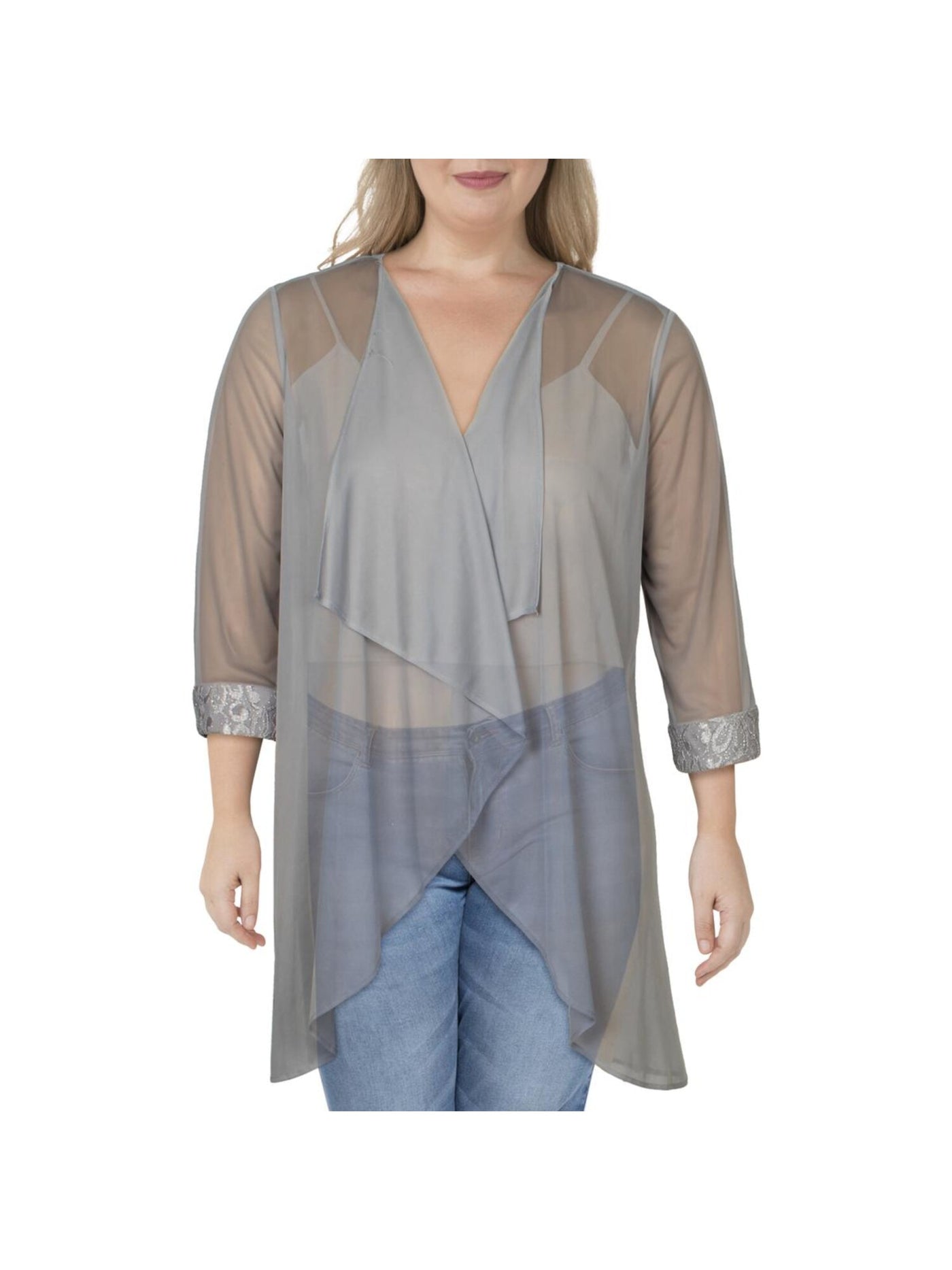 R&M RICHARDS Womens Silver Sheer Embellished Collarless Draped Open Front 3/4 Sleeve Jacket 10