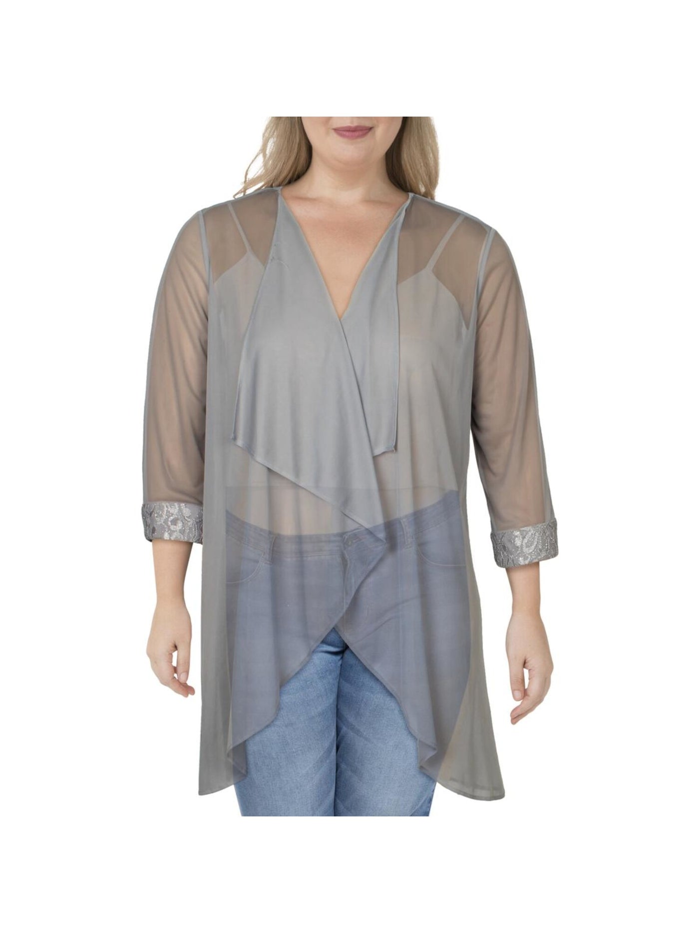 R&M RICHARDS Womens Gray Embellished Sheer Cuffed 3/4 Sleeve Open Front Wear To Work Top 8