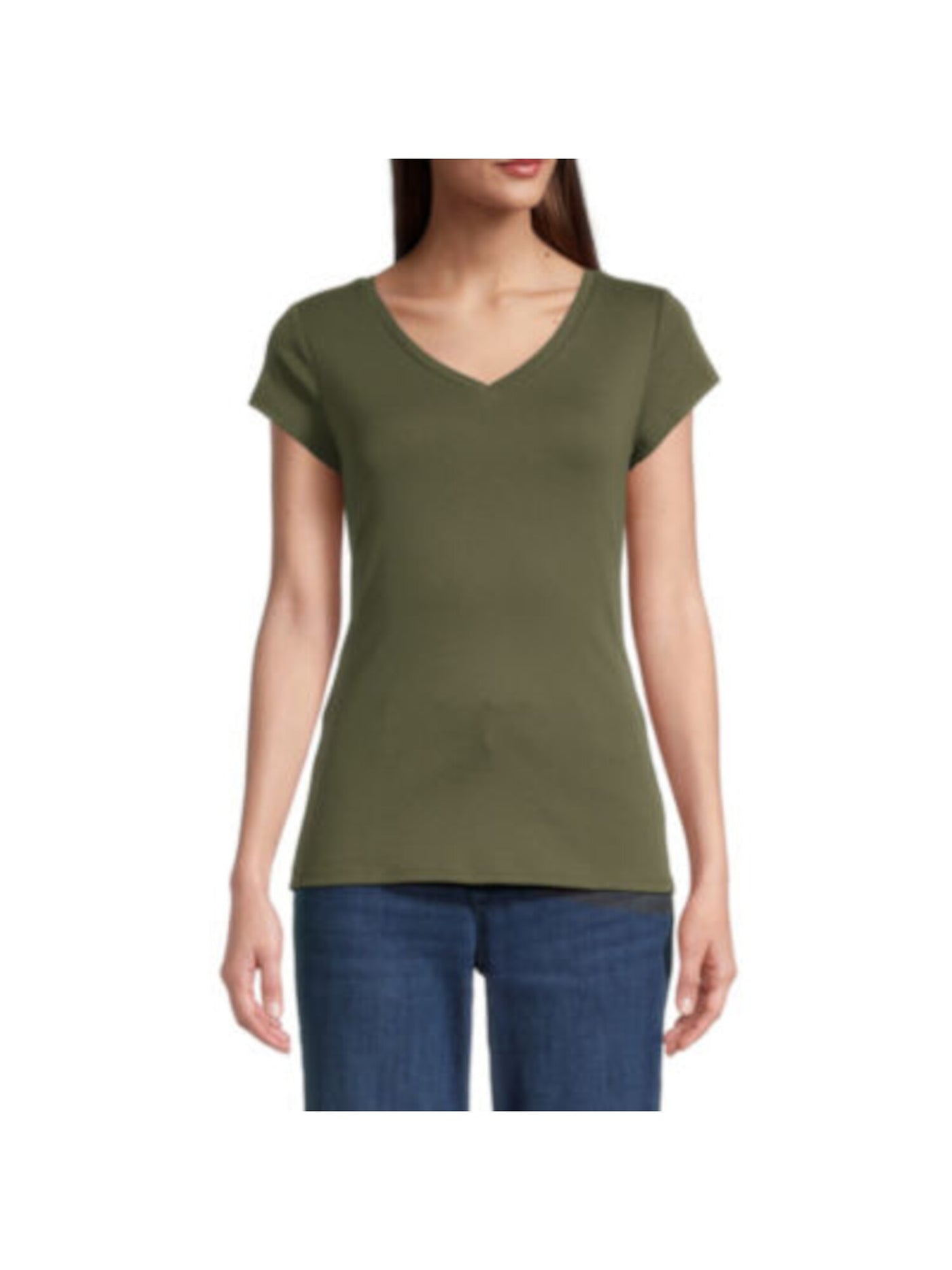 DOLAN Womens Green Stretch Ribbed Short Sleeve V Neck T-Shirt S