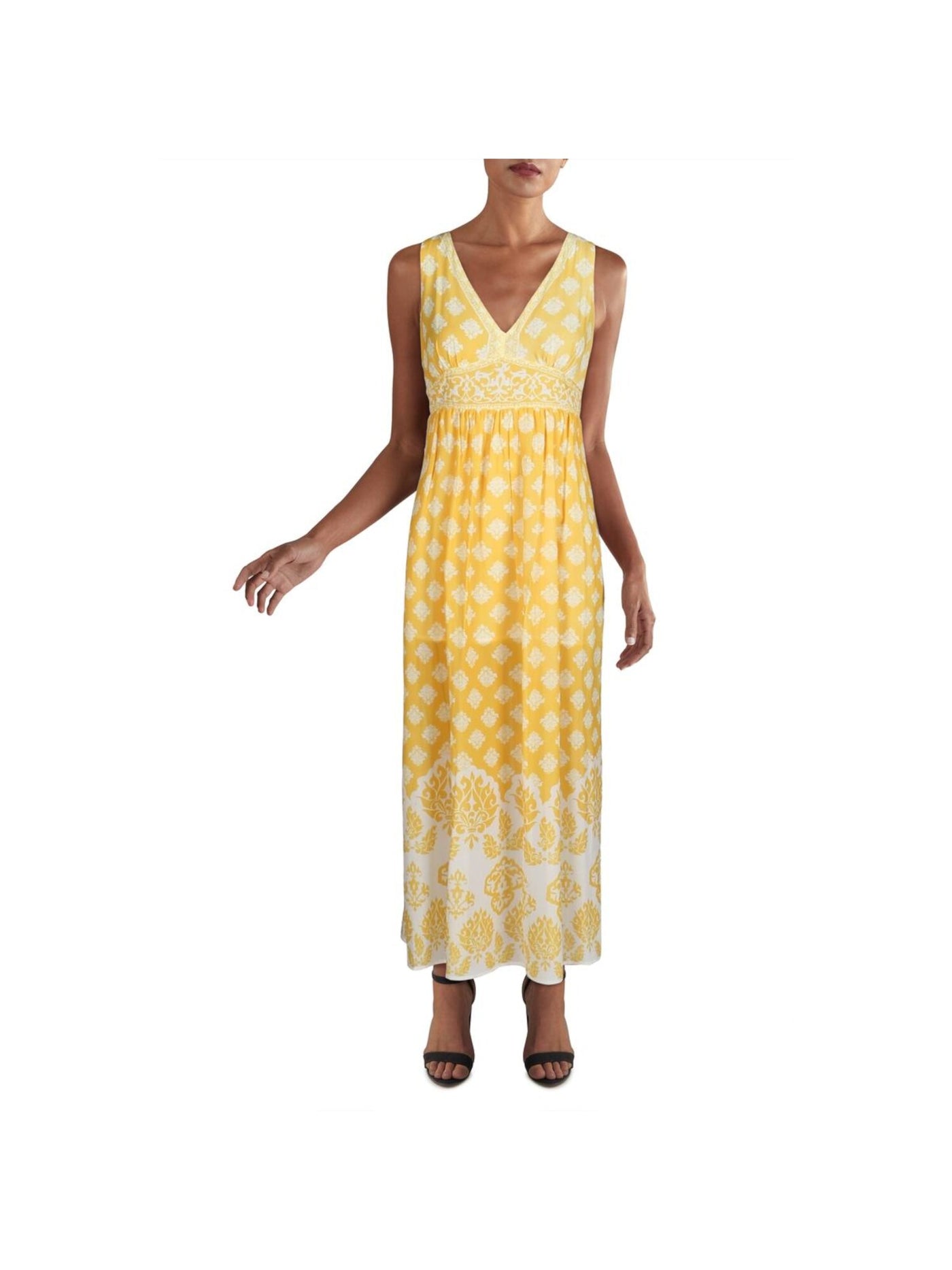 A. CALEIN Womens Yellow Printed Sleeveless V Neck Maxi Empire Waist Dress S