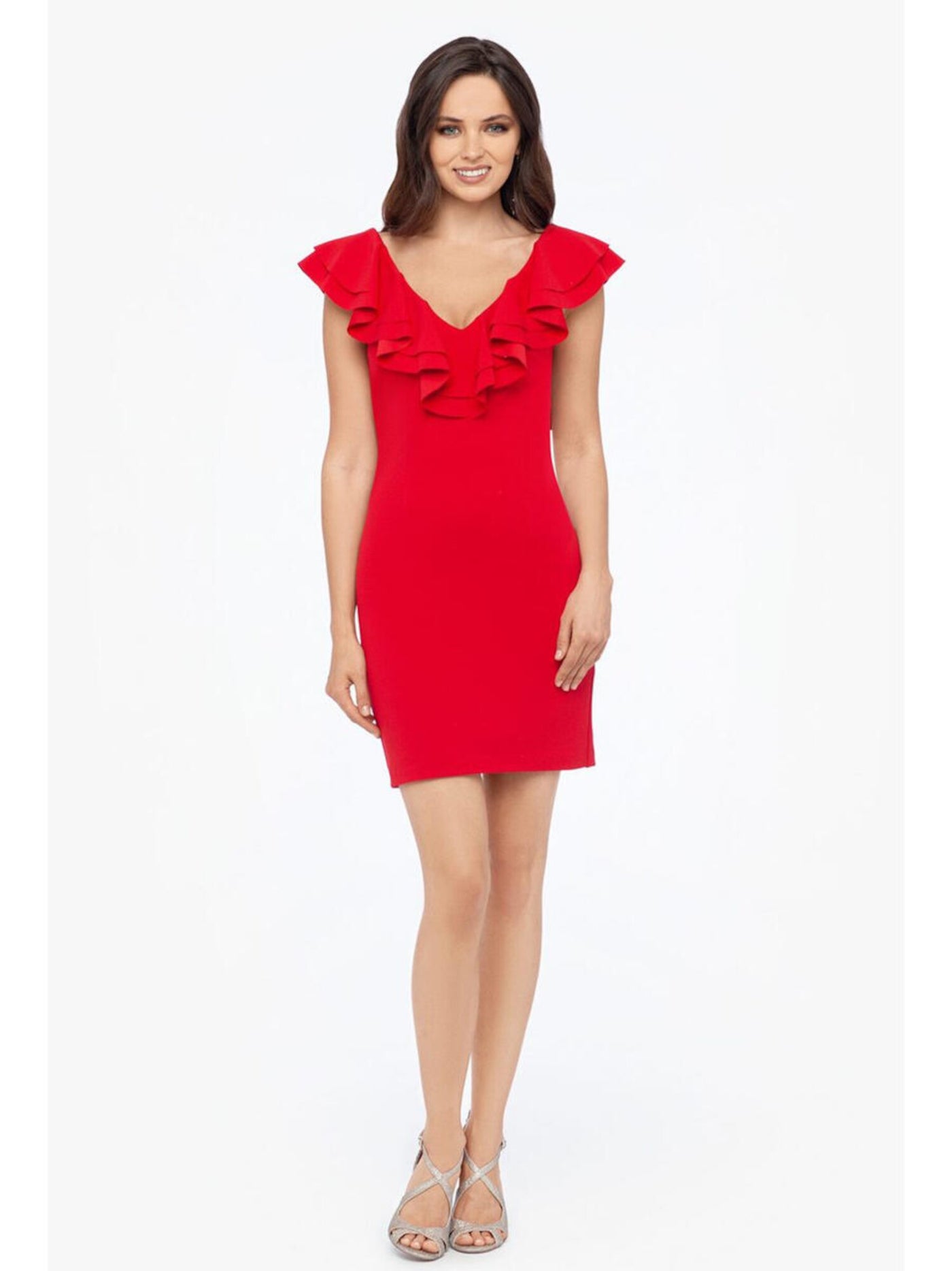 BLONDIE NITES Womens Red Ruffled Zippered Flutter Sleeve V Neck Short Party Sheath Dress Juniors 5
