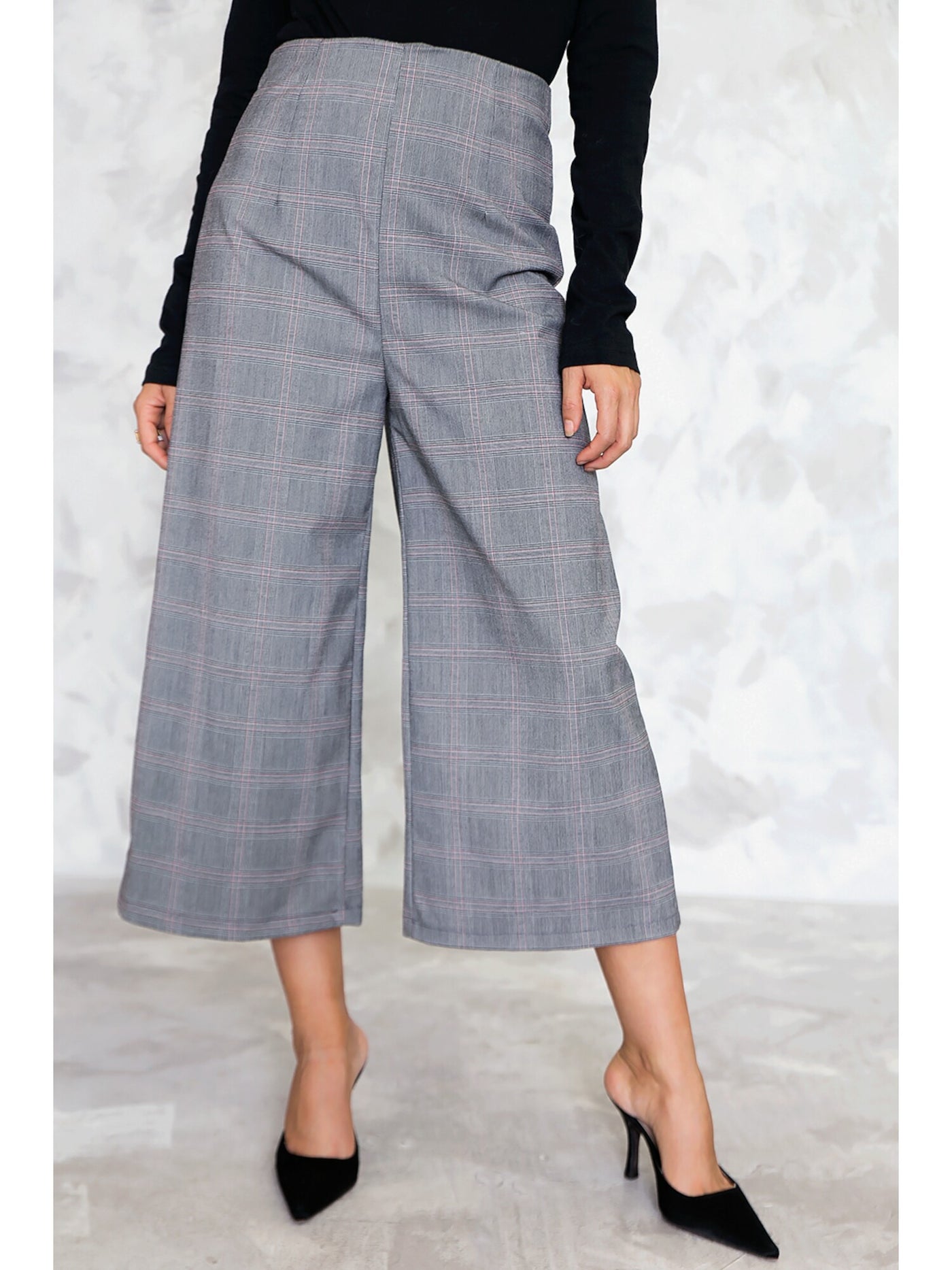 RILEY&RAE Womens Gray Stretch Zippered Pocketed Culottes Button Detail Pleated Plaid Wear To Work Pants Juniors 0