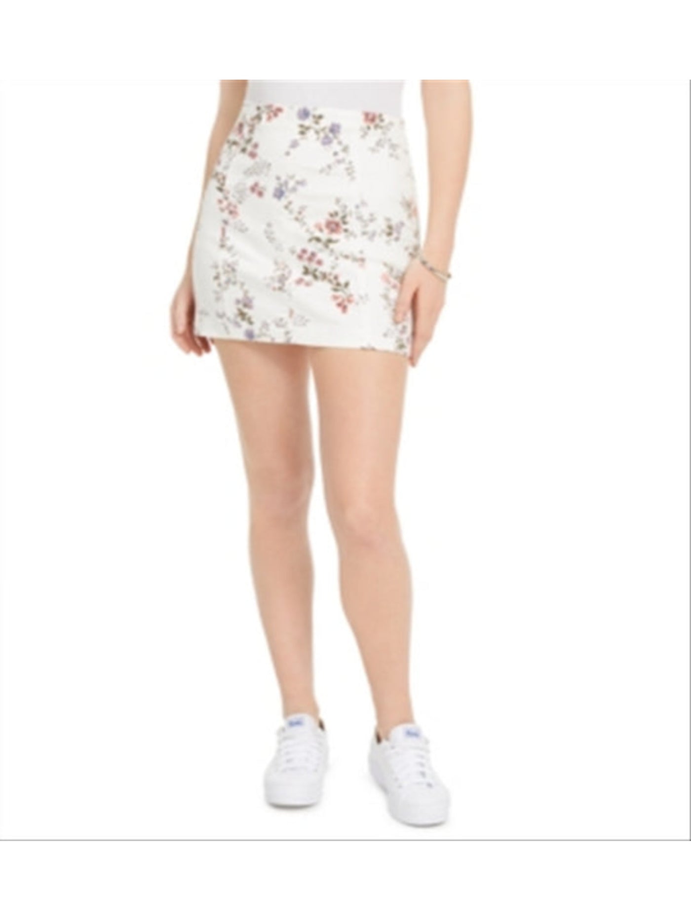 TINSELTOWN Womens White Denim Zippered Stretch Floral Short Party A-Line Skirt Juniors 15\32