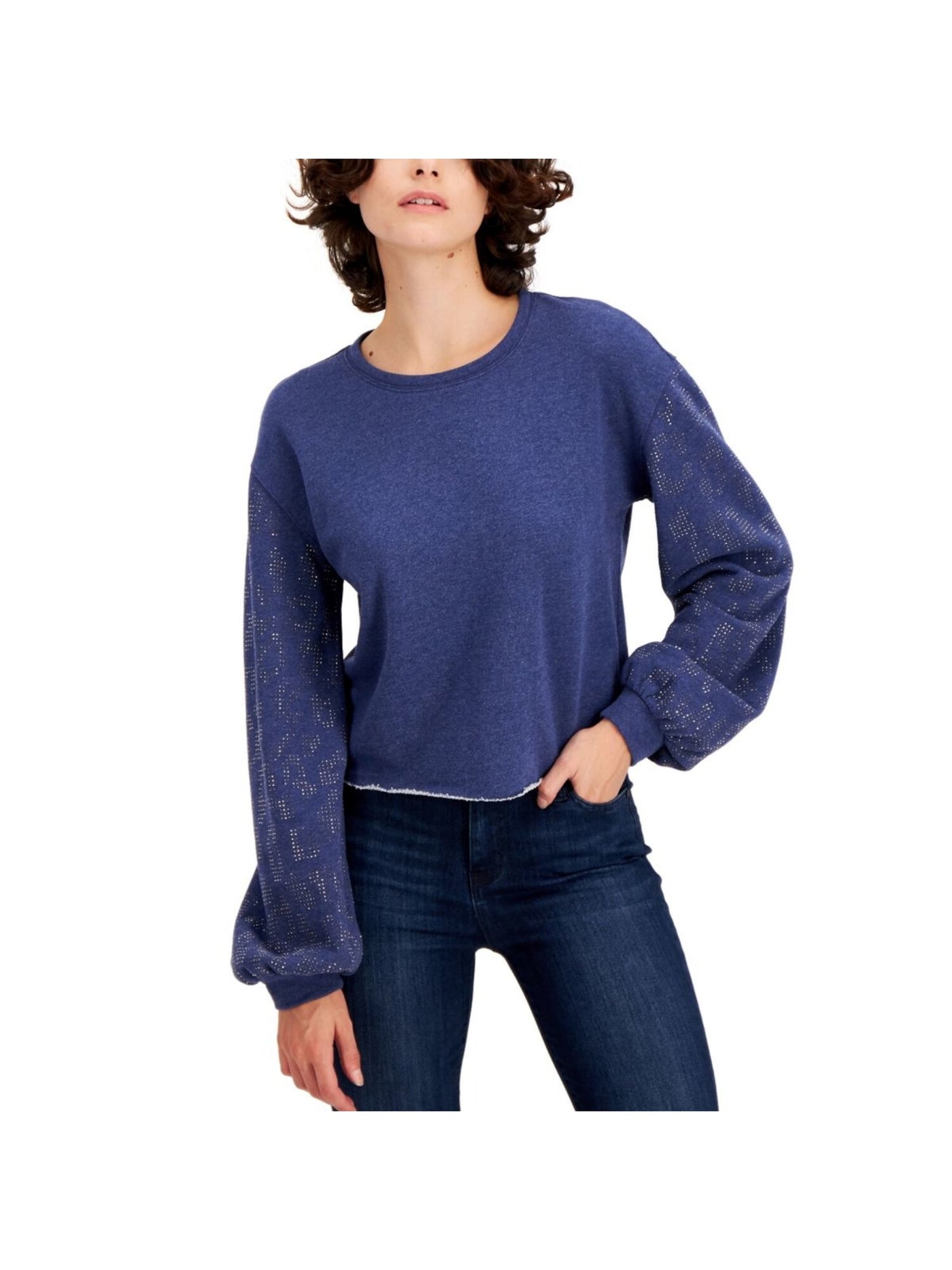 INC Womens Navy Sequined Long Sleeve Jewel Neck Sweater S