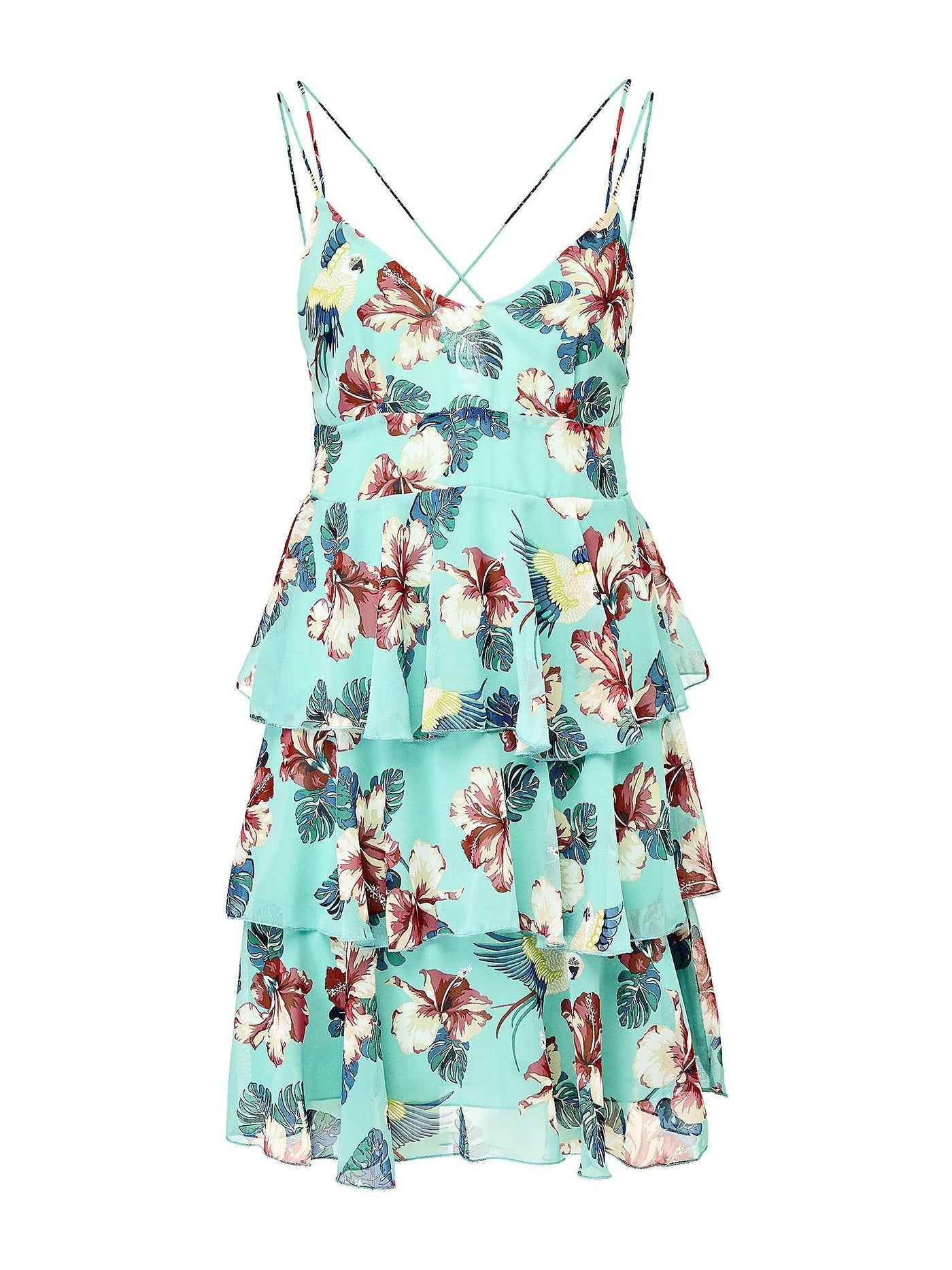 GUESS Womens Green Sheer Ruffled Floral Spaghetti Strap V Neck Short Evening Fit + Flare Dress S
