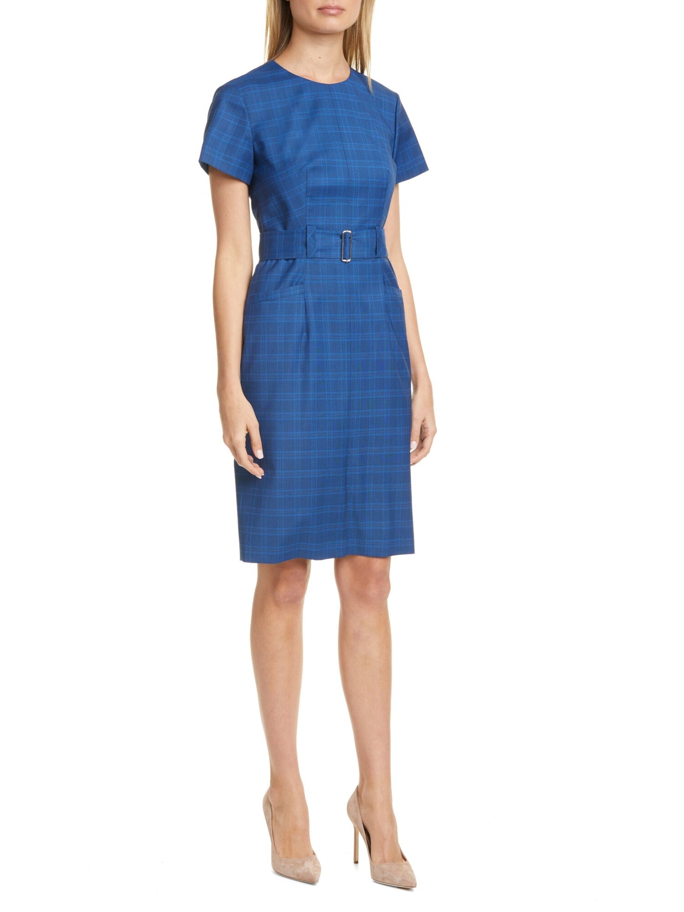 BOSS Womens Blue Zippered Belted Plaid Short Sleeve Round Neck Above The Knee Wear To Work Sheath Dress 2