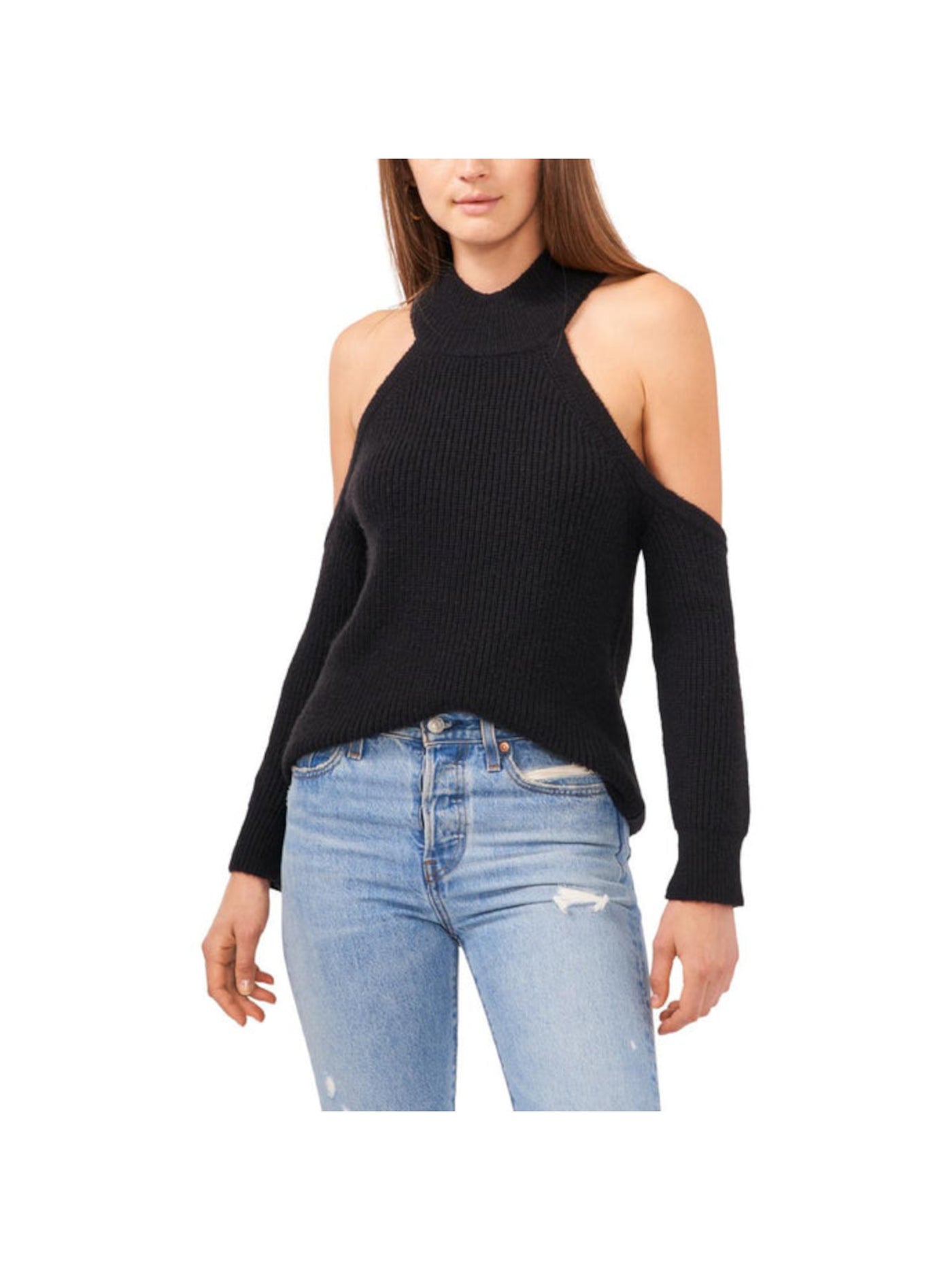 1. STATE Womens Black Cold Shoulder Ribbed Long Sleeve Halter Party Top XS
