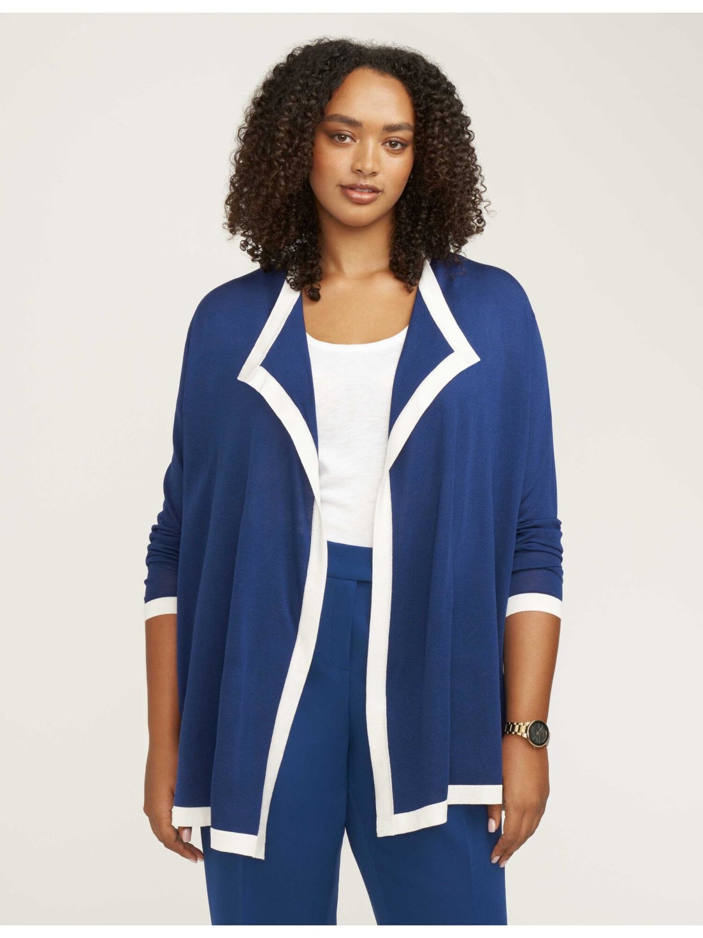 ANNE KLEIN Womens Blue Color Block Long Sleeve Open Front Wear To Work Sweater 0X