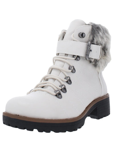 SUN STONE Womens White Ankle Strap Buckle Detail Cushioned Jojo Round Toe Block Heel Lace-Up Snow Boots 11