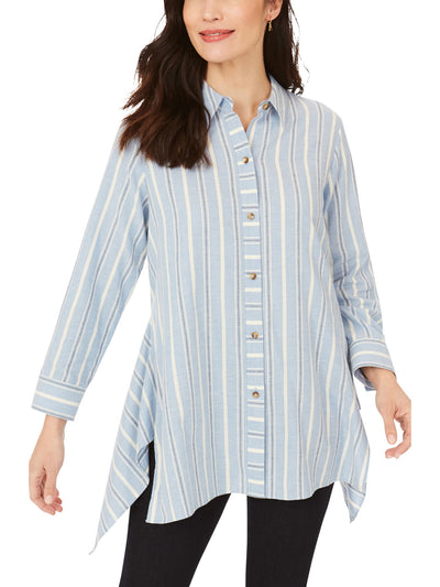 FOXCROFT Womens Light Blue Slitted Front Button Closure Longline Cu Cuffed Sleeve Point Collar Tunic Top 8
