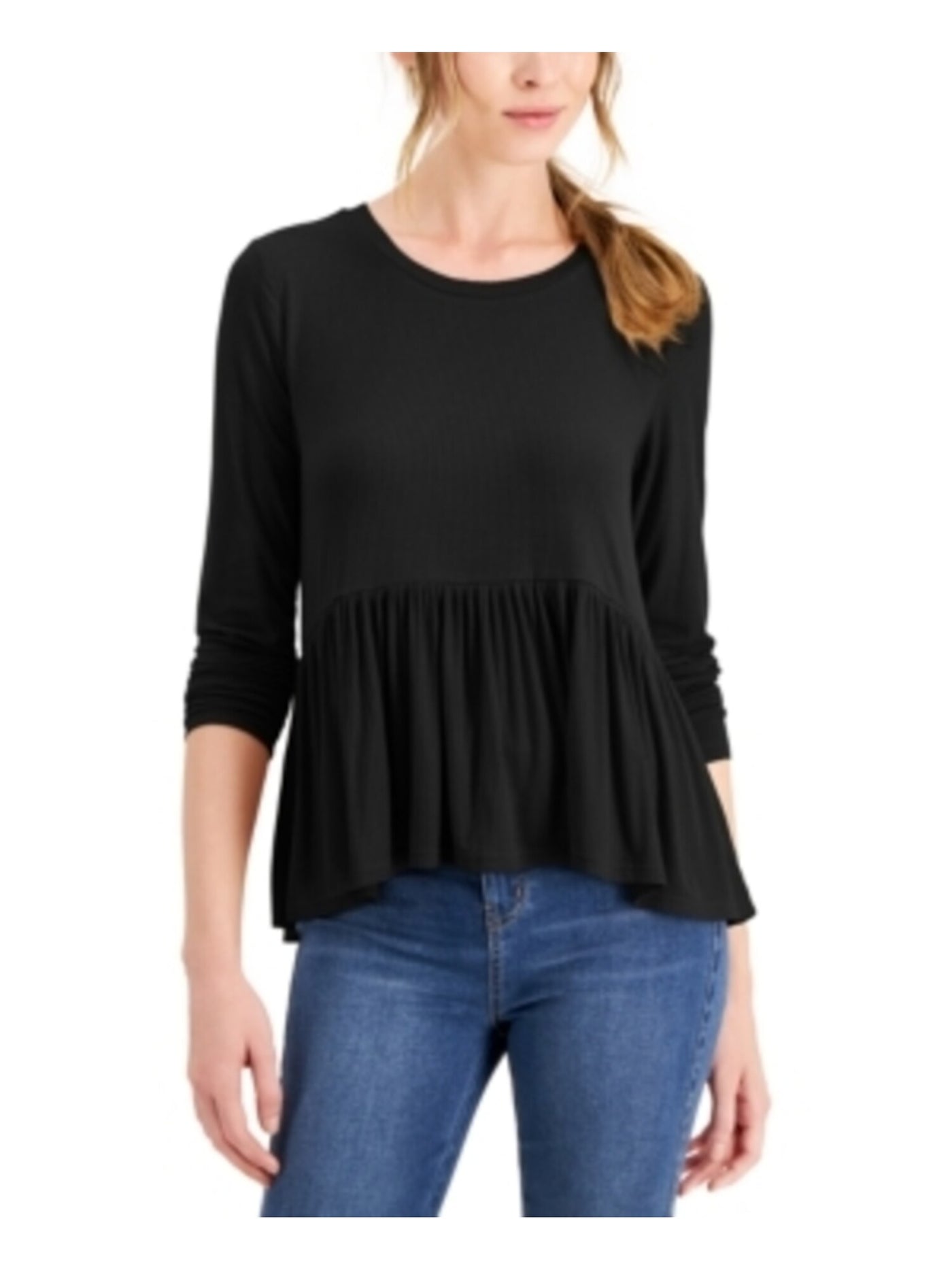 HOOKED UP Womens Black Stretch Ribbed Textured Babydoll Long Sleeve Jewel Neck Top Juniors S
