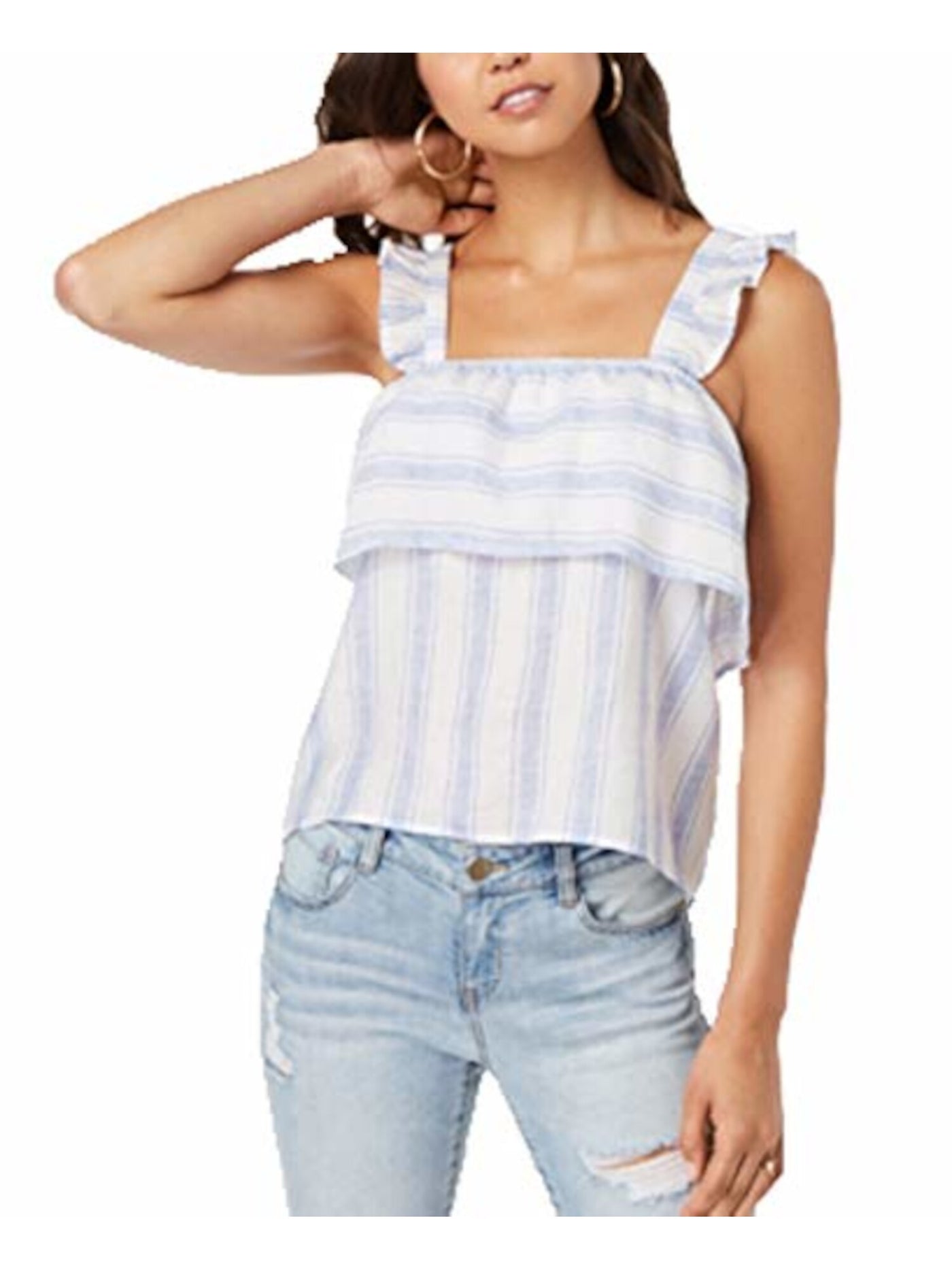CRAVE FAME Womens White Stretch Ruffled Elastic Popover Striped Sleeveless Square Neck Tank Top Juniors XS