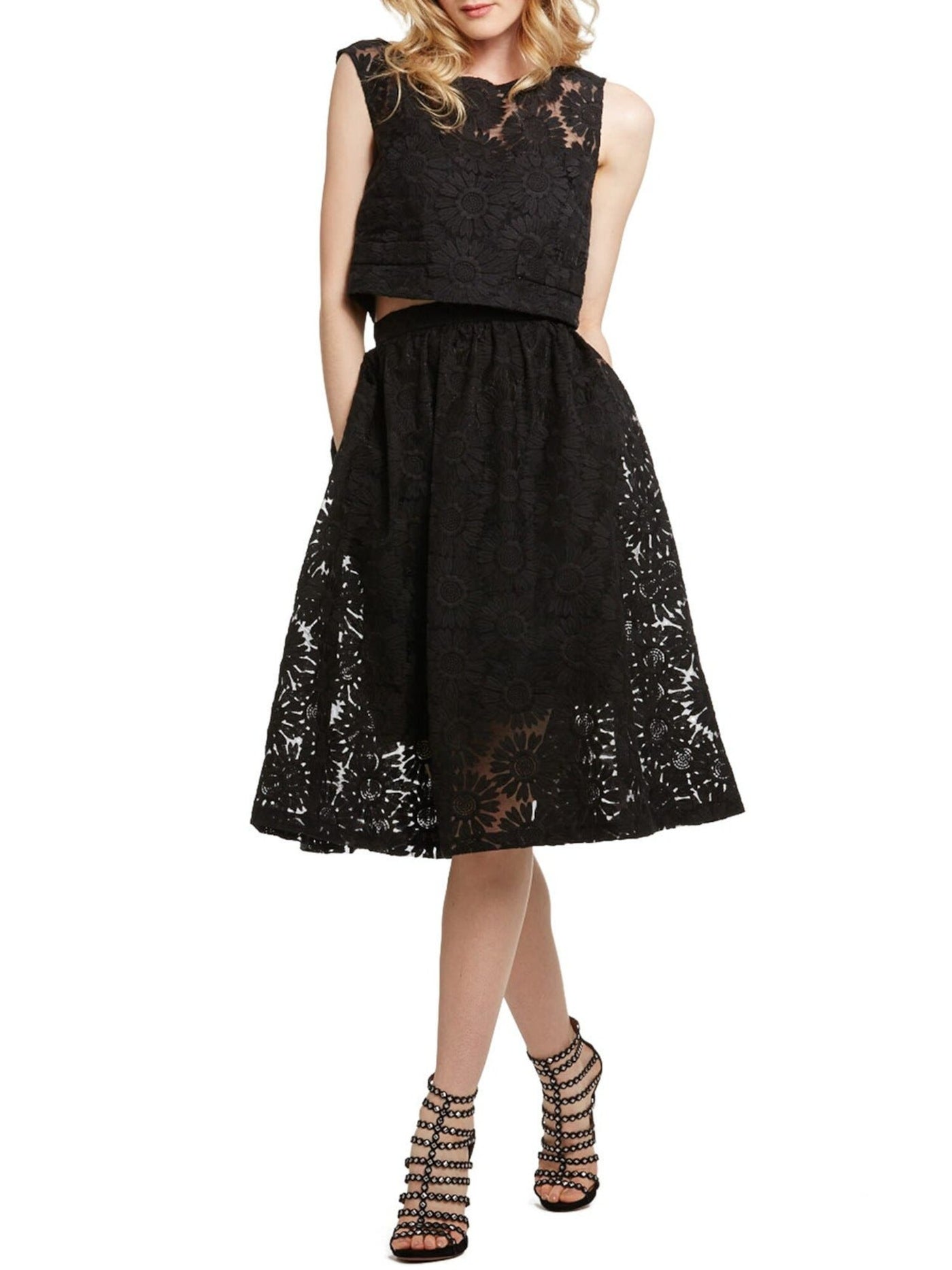 DONNA MORGAN Womens Black Lace Zippered Side-seam Pockets. Floral Knee Length Evening A-Line Skirt 2