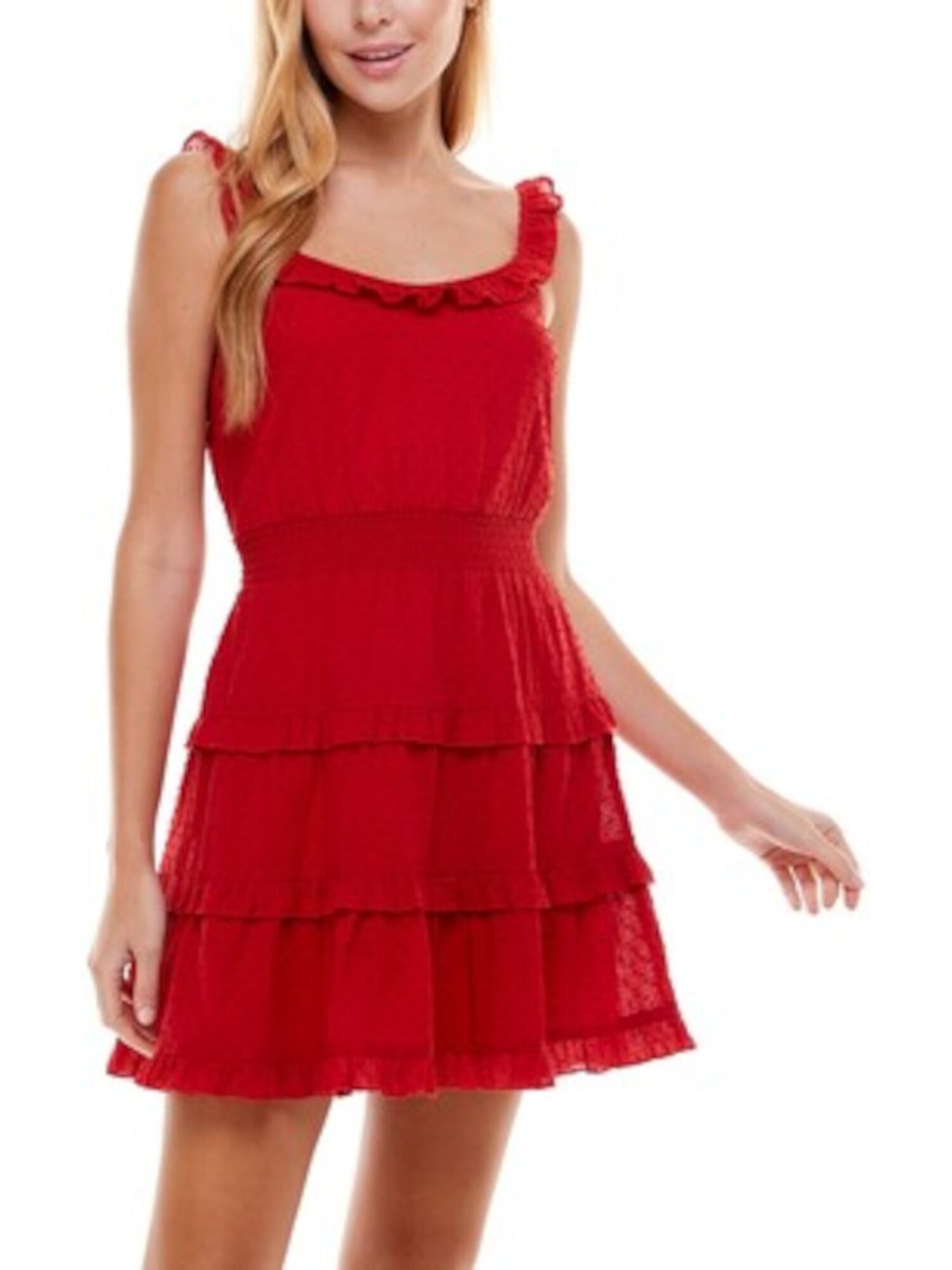 CITY STUDIO Womens Red Stretch Ruffled Smocked Tiered Skirt Polka Dot Sleeveless Scoop Neck Short Evening Fit + Flare Dress Juniors M