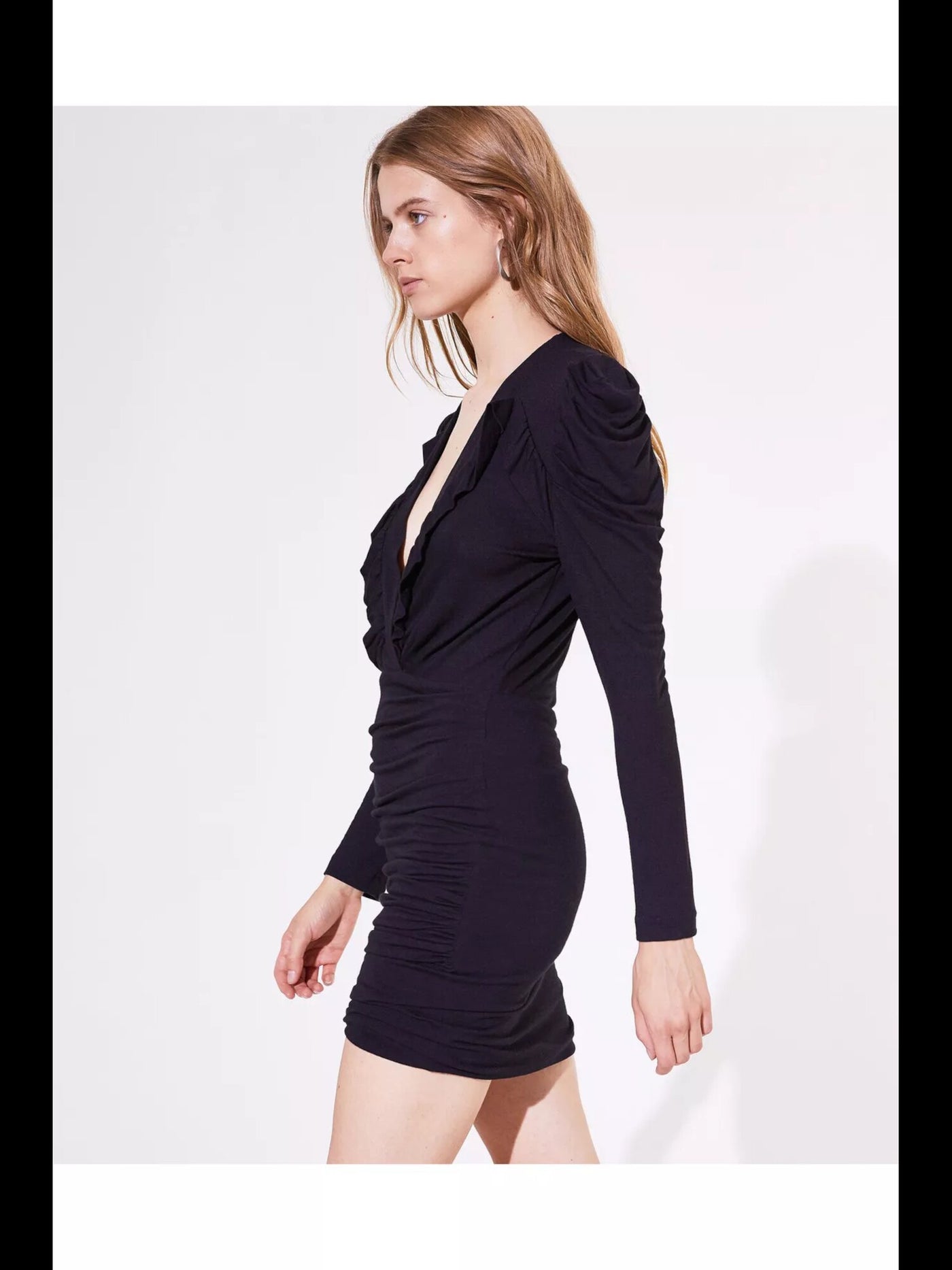 IRO.JEANS Womens Black Ruched Ruffled Pouf V Neck Mini Sheath Dress Size: 40