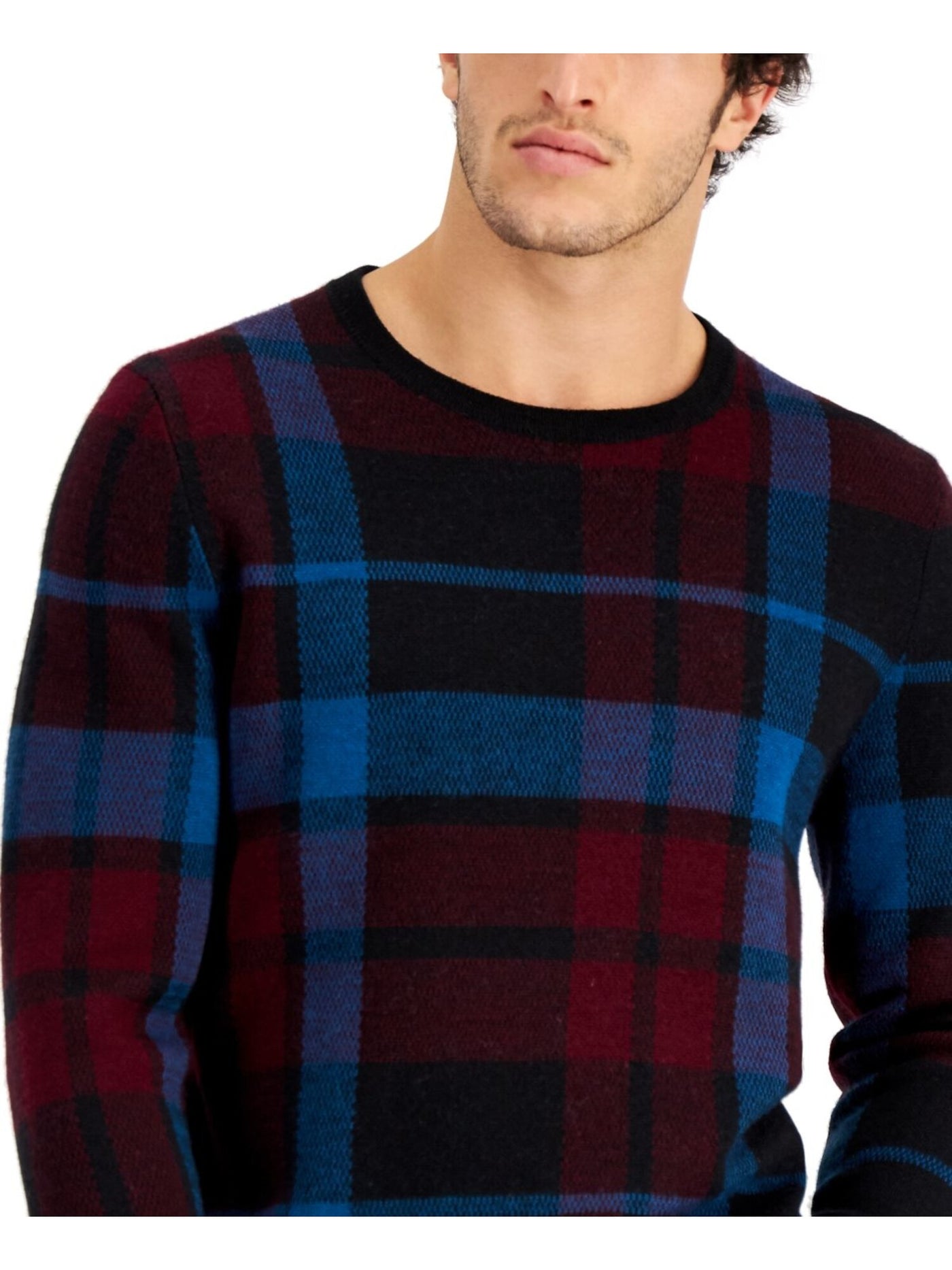 CLUBROOM Mens Expo Red Plaid Long Sleeve Crew Neck Merino Blend Pullover Sweater S
