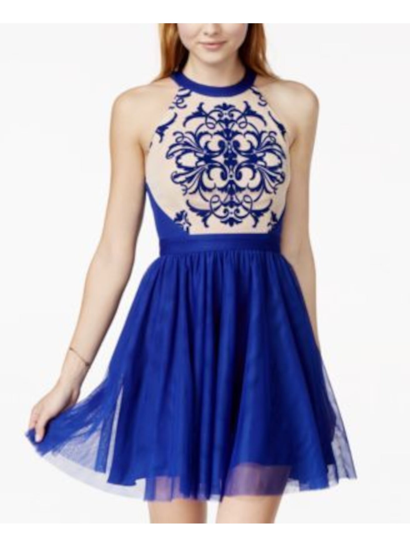 BLONDIE NITES Womens Blue Zippered Ruffled Mesh Printed Sleeveless Halter Mini Party Fit + Flare Dress Juniors 1