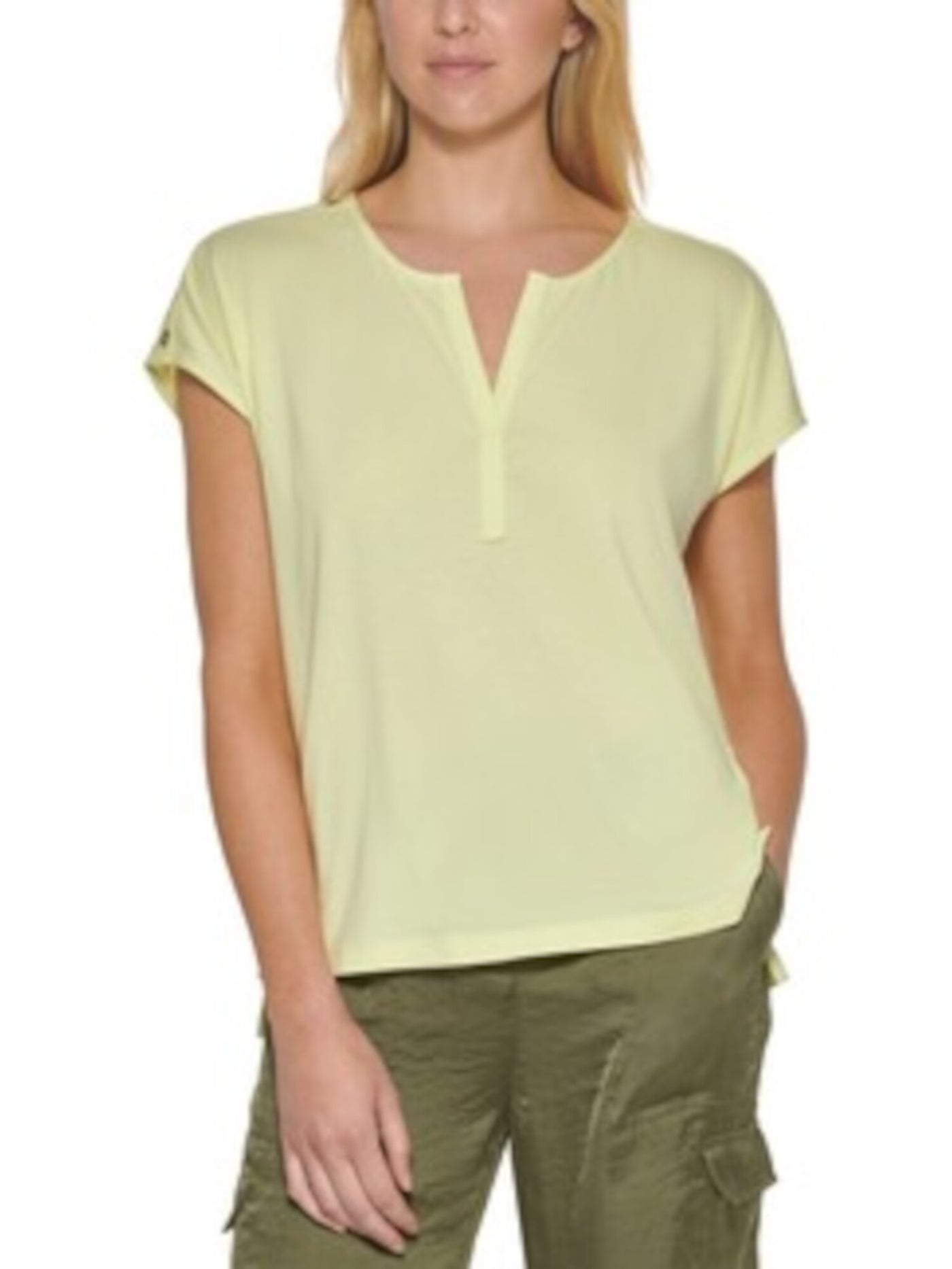 DKNY Womens Yellow Stretch Cap Sleeve Split T-Shirt M