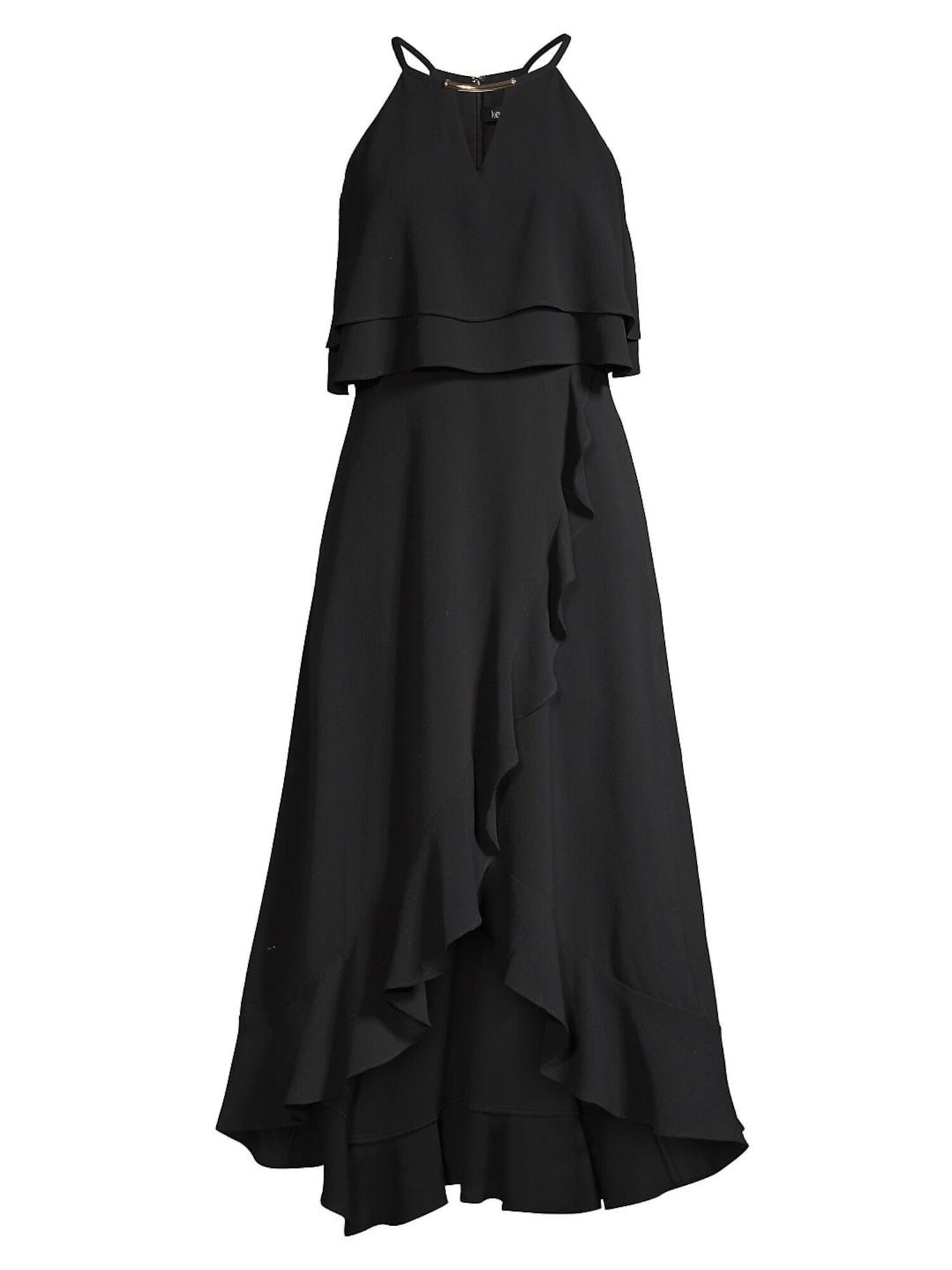 KENSIE DRESSES Womens Black Stretch Zippered Textured Embellished Ruffled Keyhole Sleeveless Halter Midi Cocktail Hi-Lo Dress 0