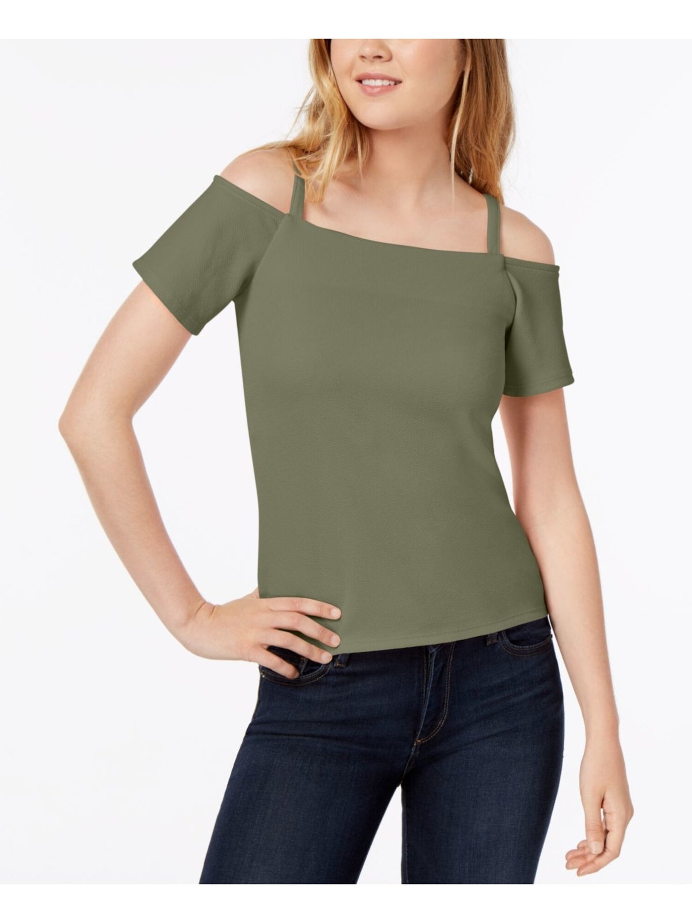 BAR III Womens Green Cold Shoulder Short Sleeve Square Neck Top Size: XXS