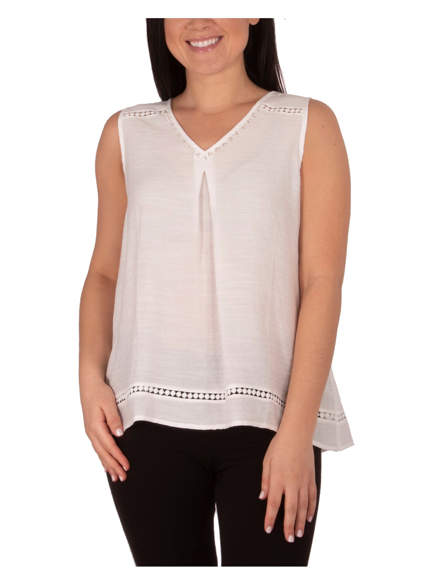 NY COLLECTION Womens White Embellished Sleeveless V Neck Top L