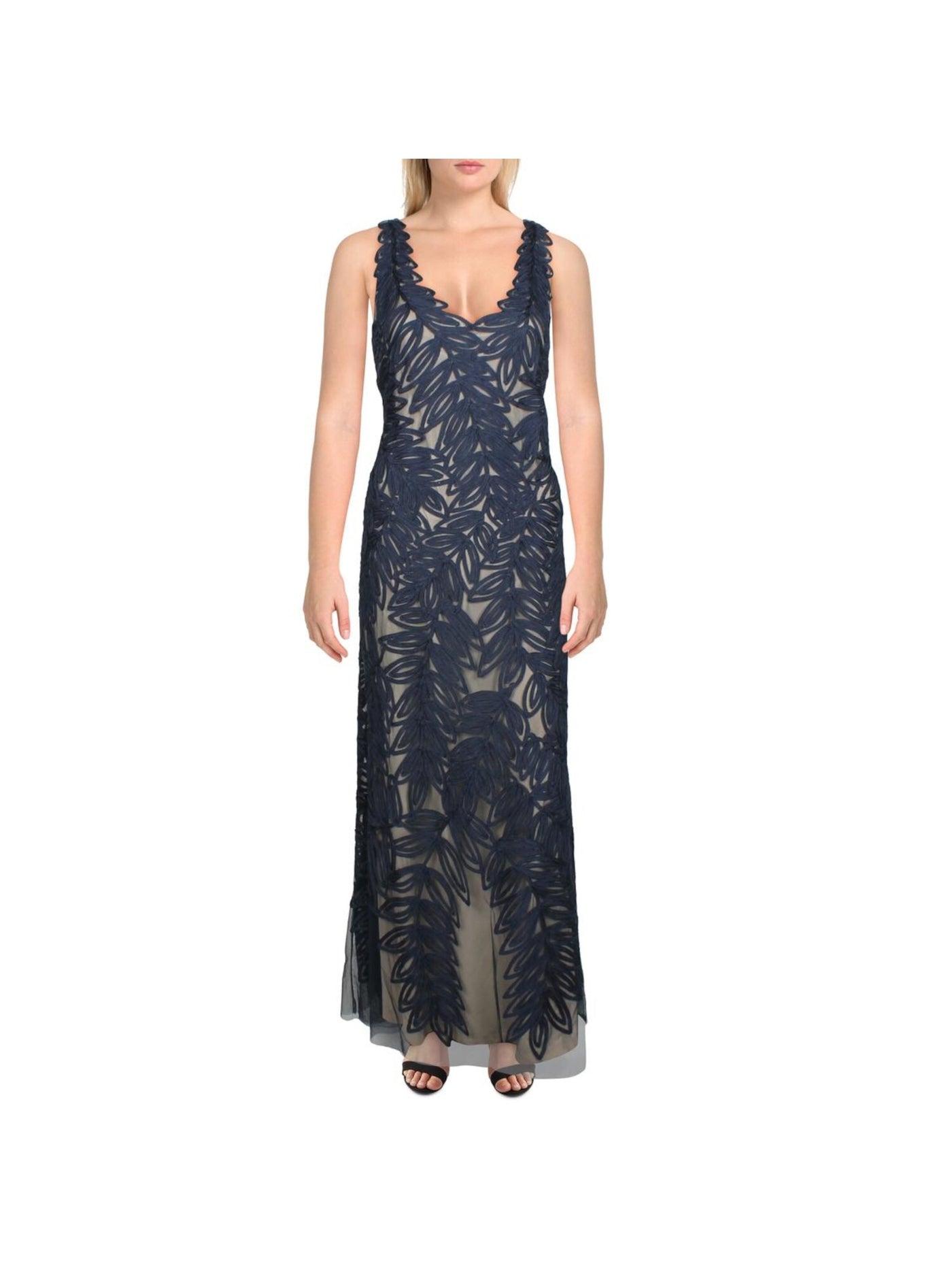 JS COLLECTION Womens Navy Embroidered Zippered Sleeveless V Neck Maxi Evening Shift Dress 8