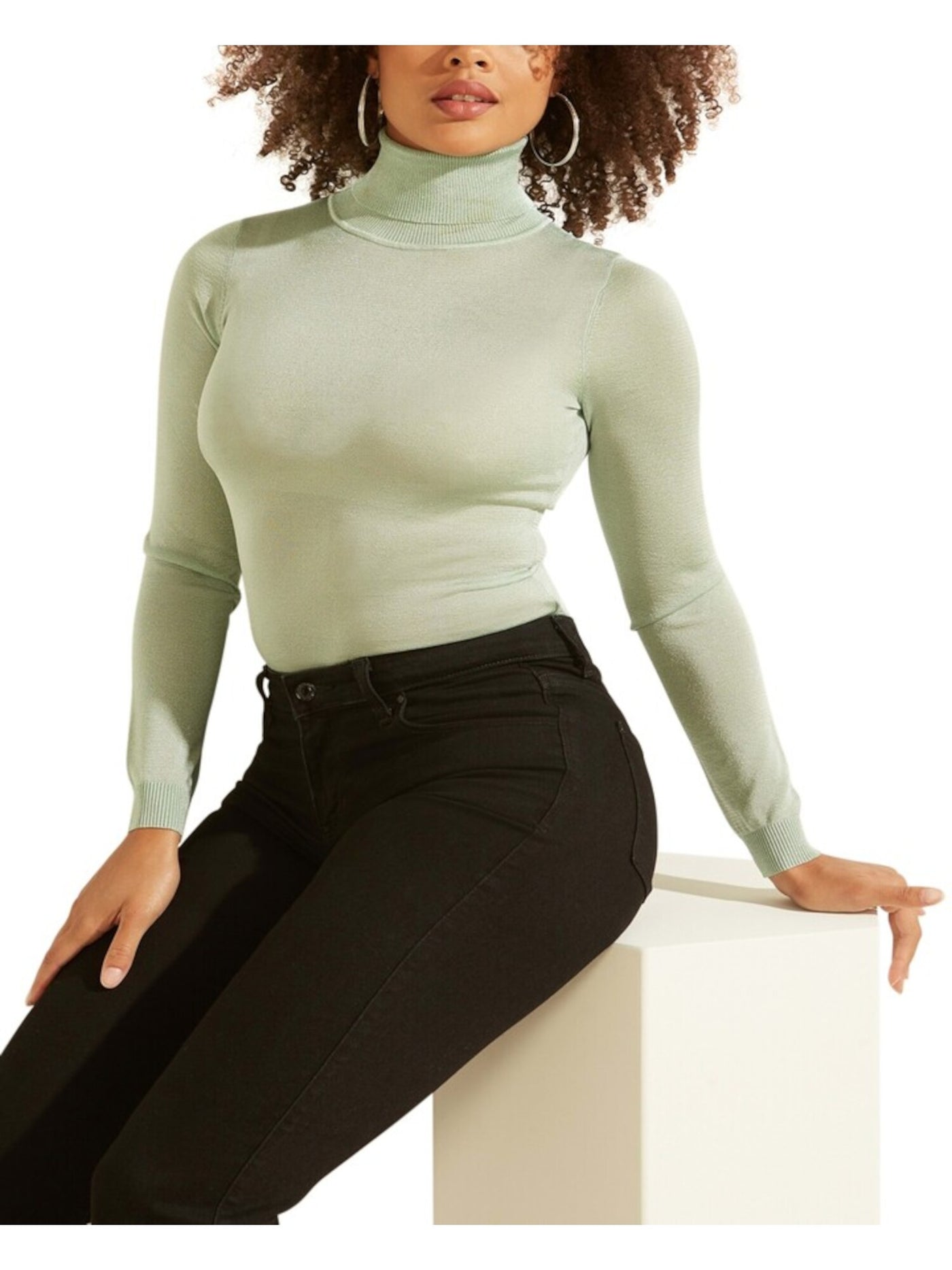 GUESS Womens Green Metallic Rib-knit Trim Semi-sheer Long Sleeve Turtle Neck Sweater S