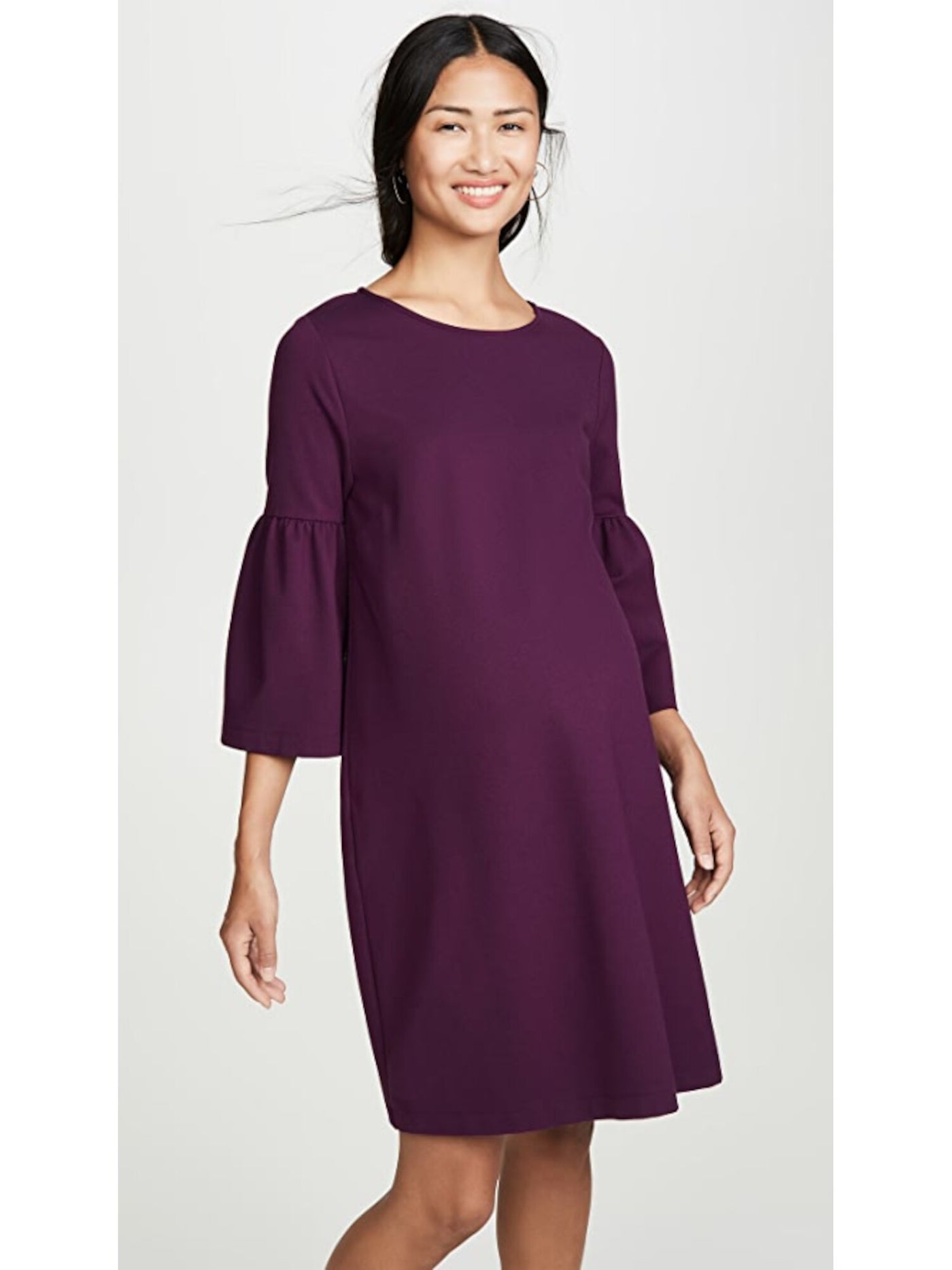INGRID & ISABEL Womens Purple Knit Darted Bell Sleeve Jewel Neck Above The Knee Shift Dress Maternity XS