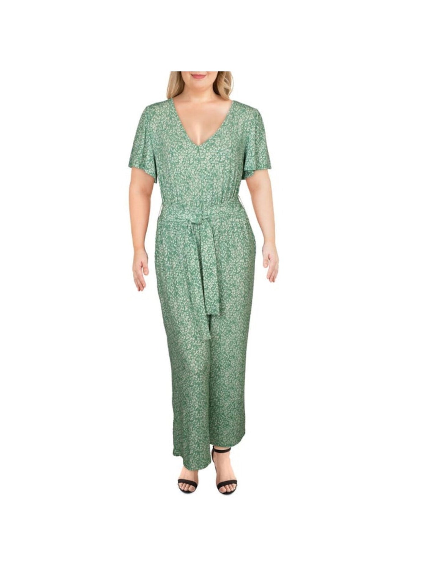 1. STATE Womens Green Belted Printed Short Sleeve V Neck Wide Leg Jumpsuit Plus 1X