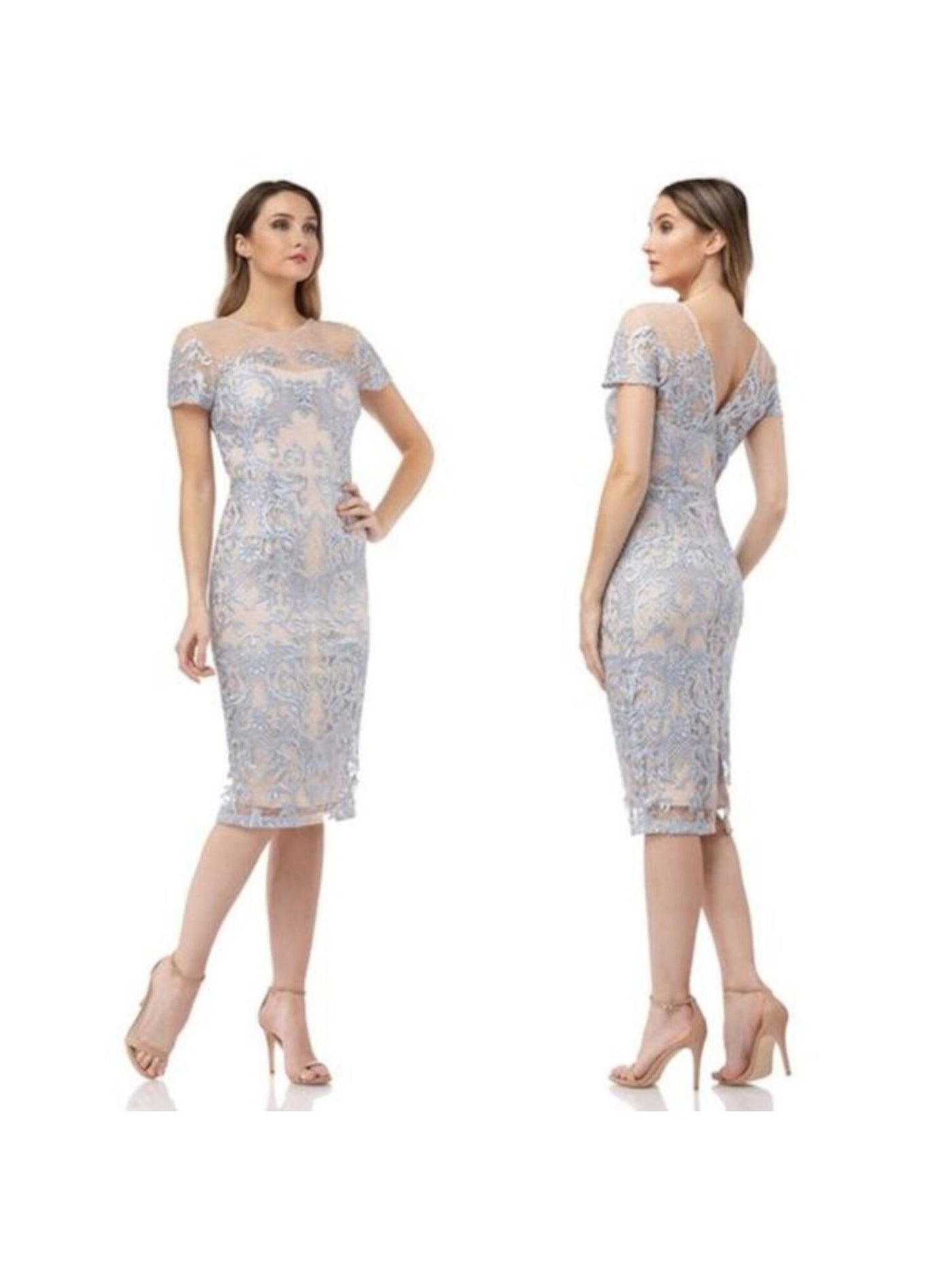 JS COLLECTION Womens Light Blue Embroidered Lace Slit Zippered Gown Floral Short Sleeve Boat Neck Full-Length Formal Sheath Dress 4