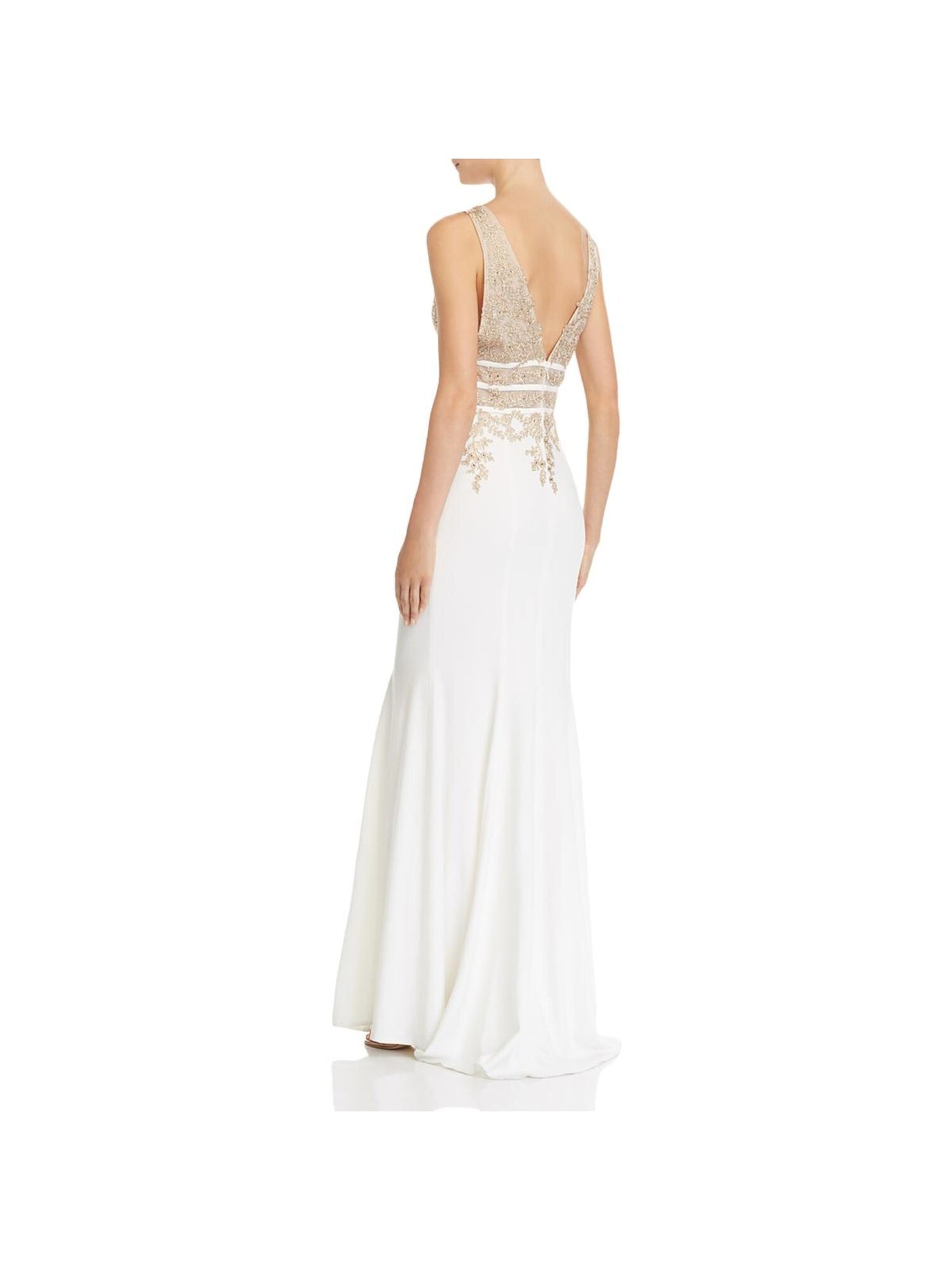 AQUA DRESSES Womens White Zippered Metallic Plunging Rhinestone Padded Floral Sleeveless V Neck Full-Length Evening Gown Dress 0