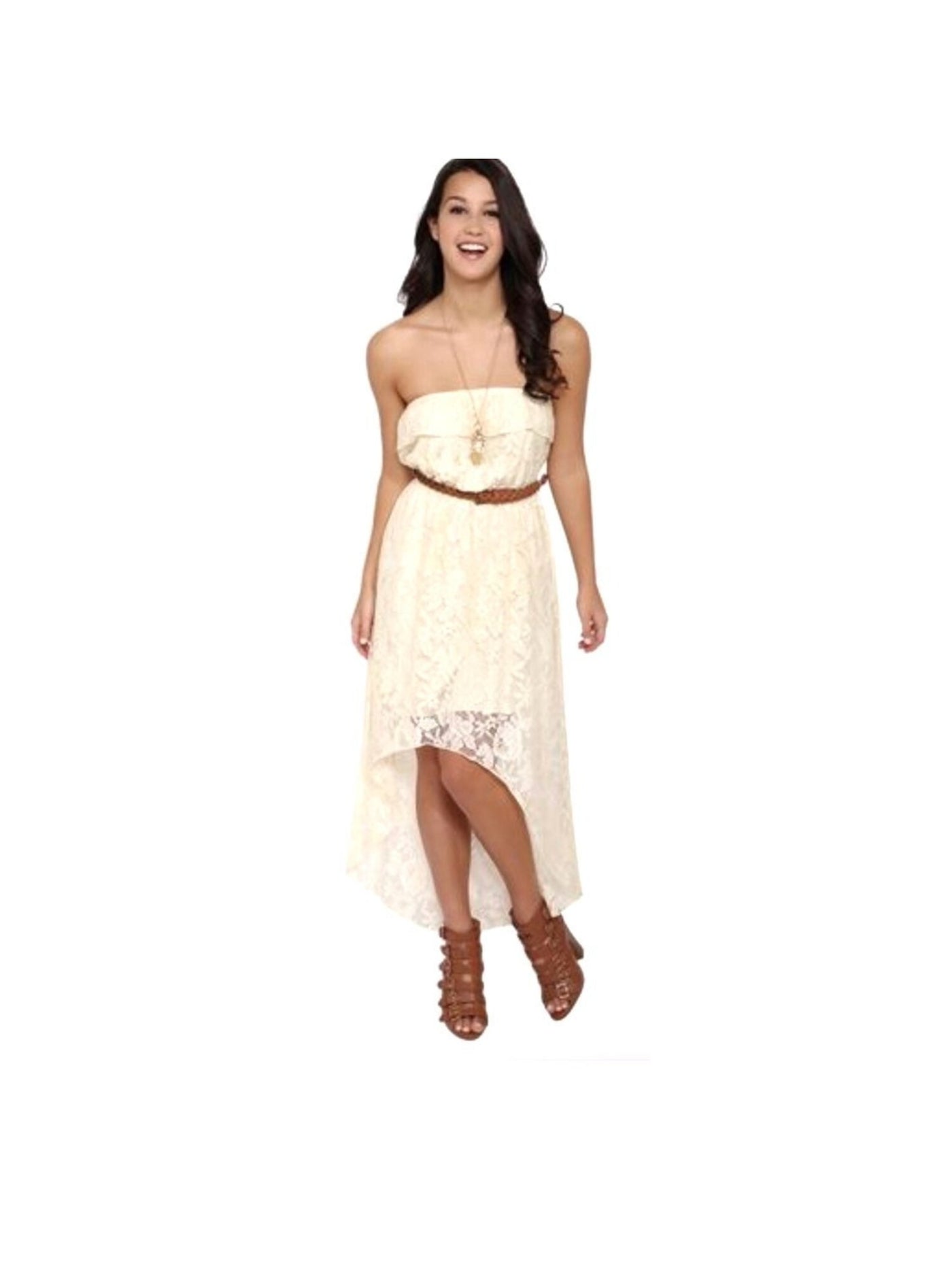 TRIXXI Womens Ivory Belted Lace Strapless Knee Length Hi-Lo Dress Juniors S