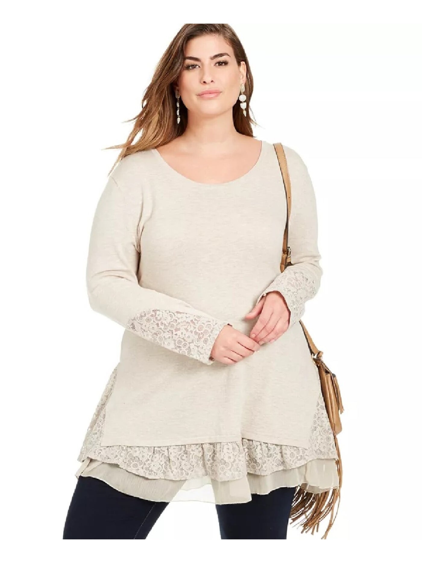 STYLE & COMPANY Womens Beige Sheer Lace Layered Long Sleeve Scoop Neck Tunic Top XS
