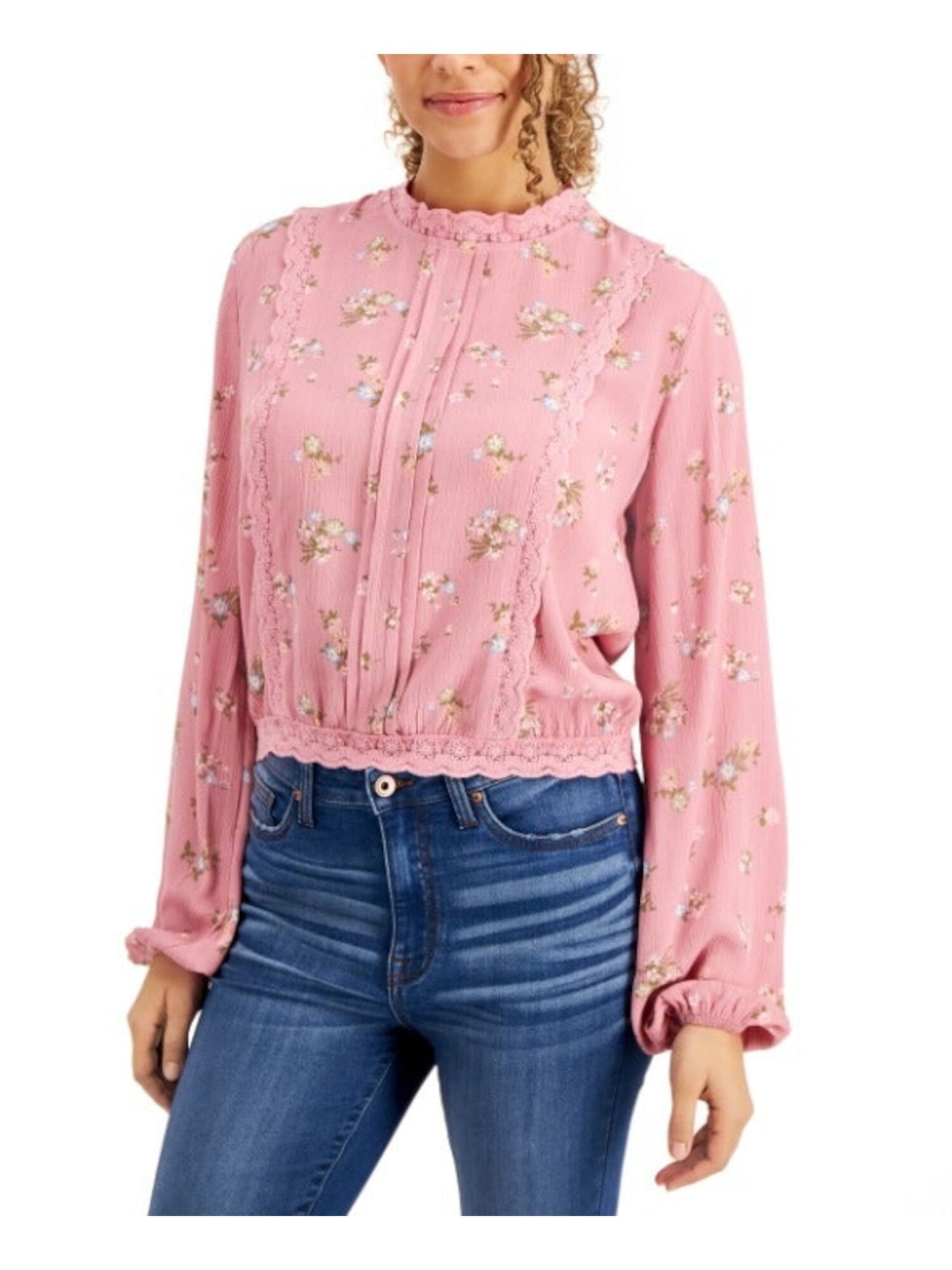 1. STATE Womens Pink Smocked Ruffled Back Keyhole Lined Sheer Floral Long Sleeve Mock Neck Blouse M
