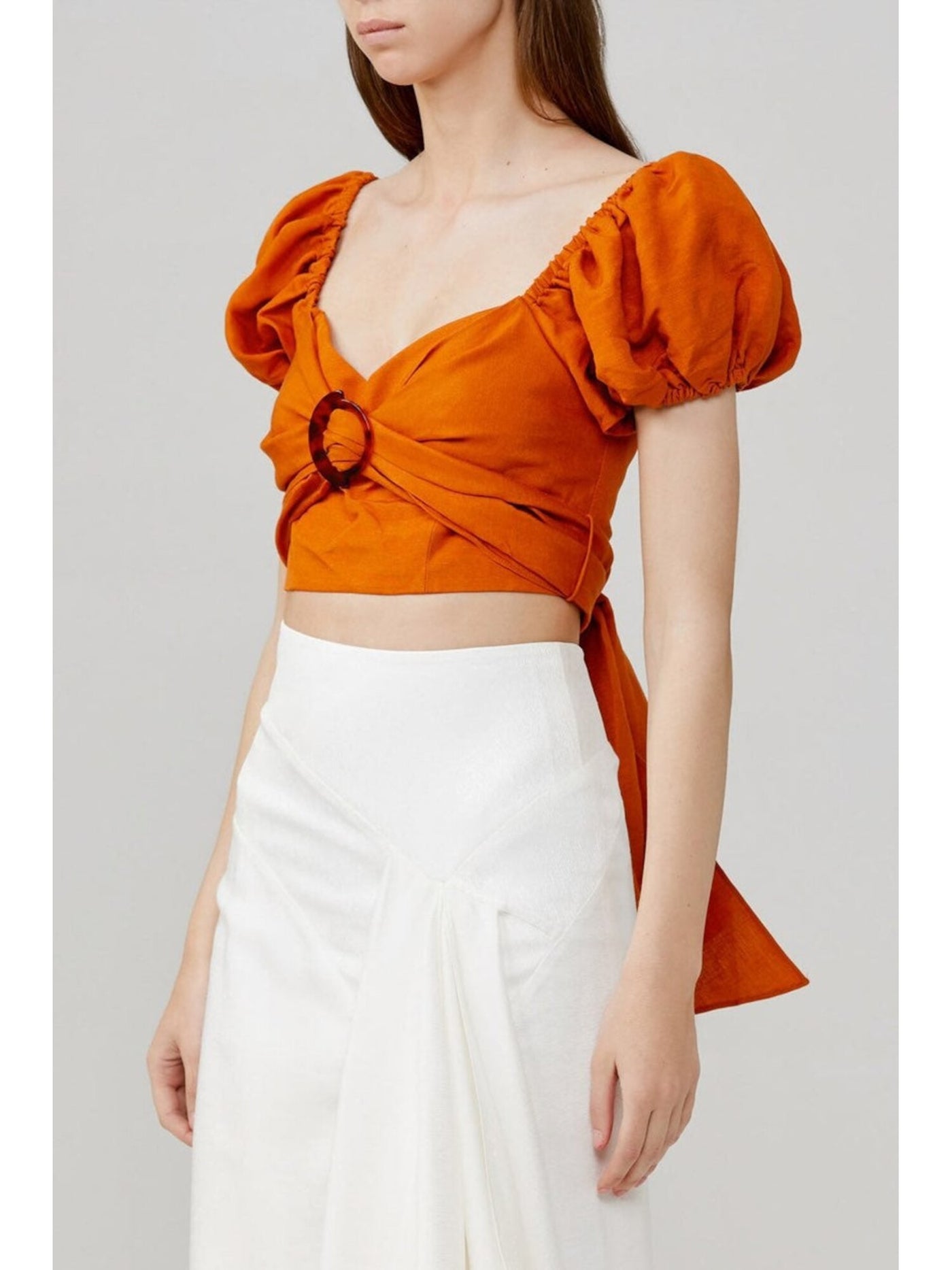 SIGNIFICANT OTHER Womens Orange Stretch Pleated Tie Pouf Sleeve Sweetheart Neckline Evening Crop Top 8