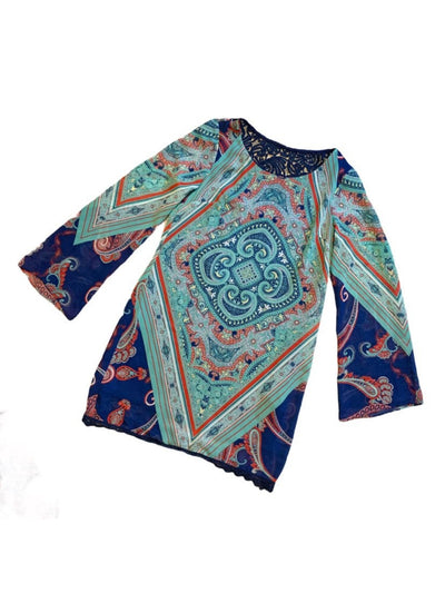 SEQUIN HEARTS Womens Blue Crochet-back Printed Bell Sleeve Scoop Neck Tunic Top Juniors S