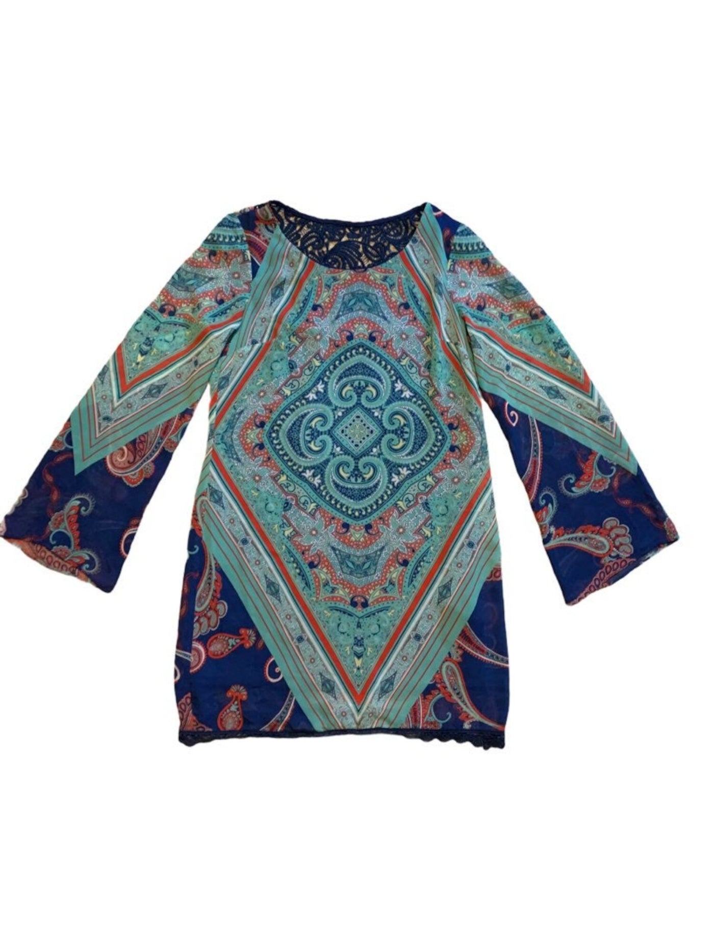 SEQUIN HEARTS Womens Blue Crochet-back Printed Bell Sleeve Scoop Neck Tunic Top Juniors S