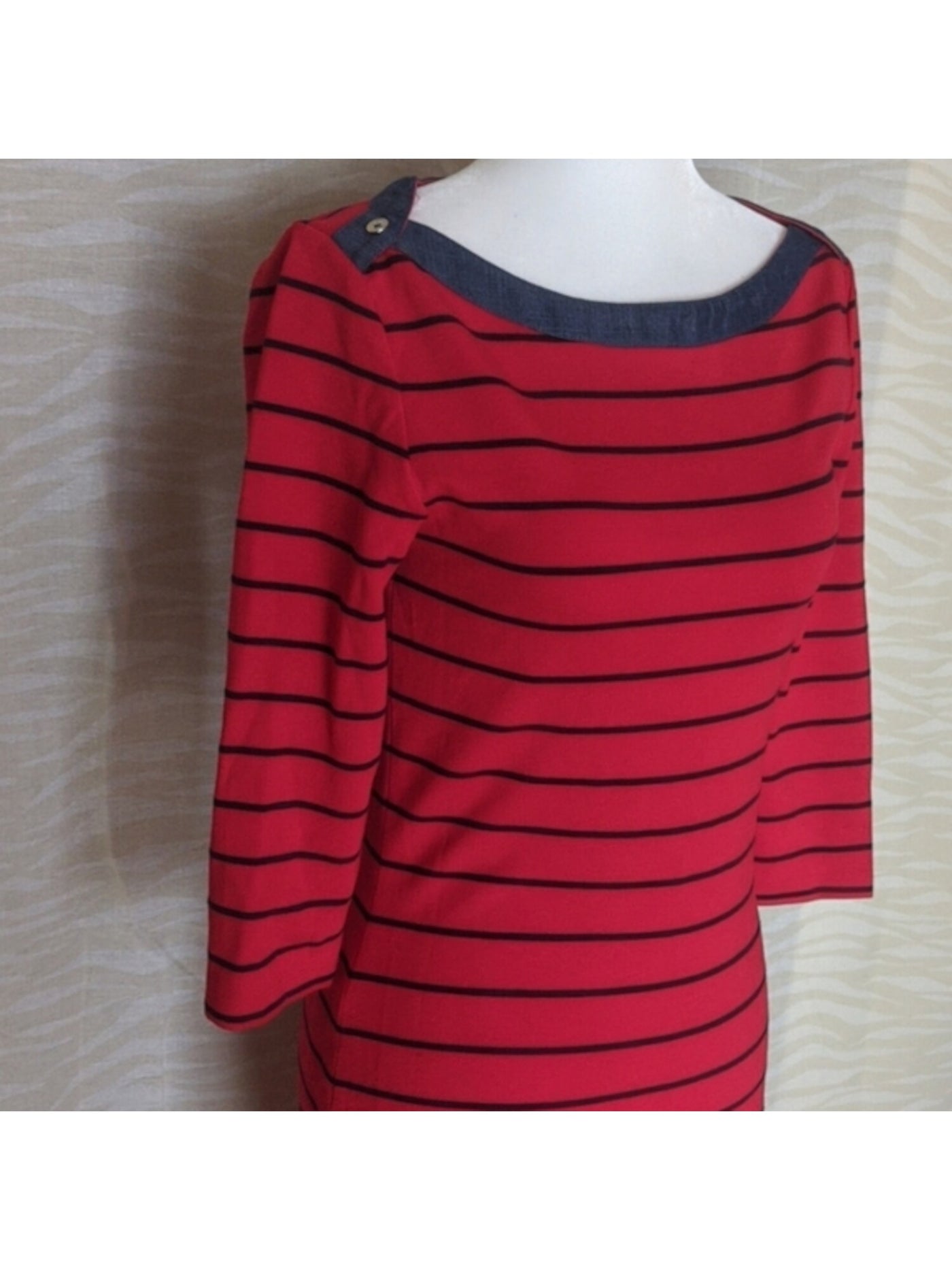 TOMMY HILFIGER Womens Red Stretch Striped 3/4 Sleeve Boat Neck Knee Length Sheath Dress M
