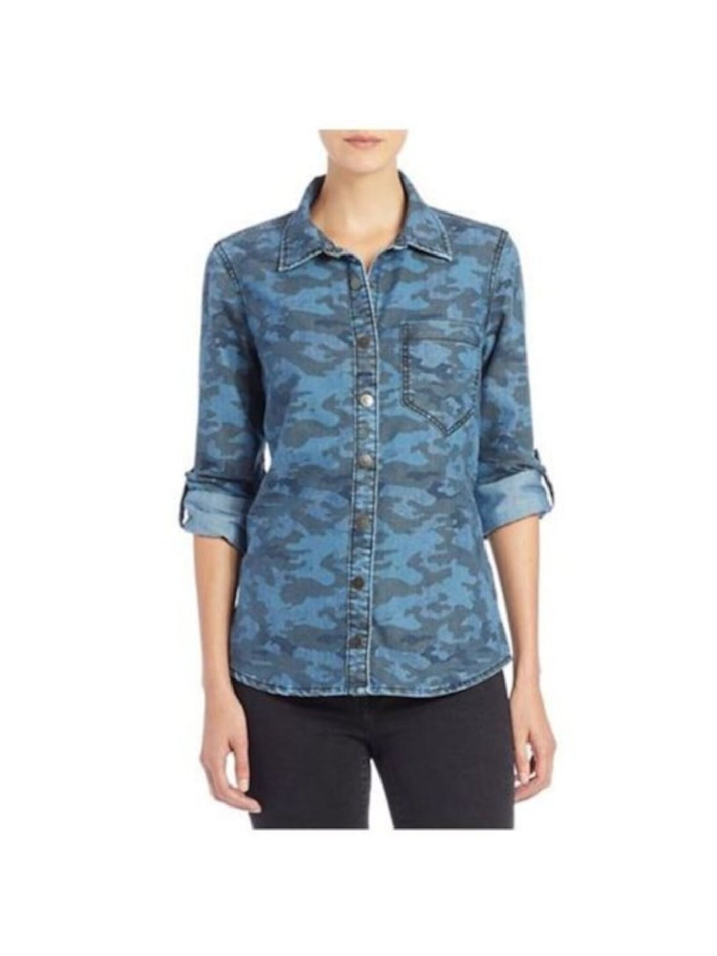 BLANK NYC Womens Blue Denim Pocketed Snap Closure Camouflage Roll-tab Sleeve Collared Button Up Top S