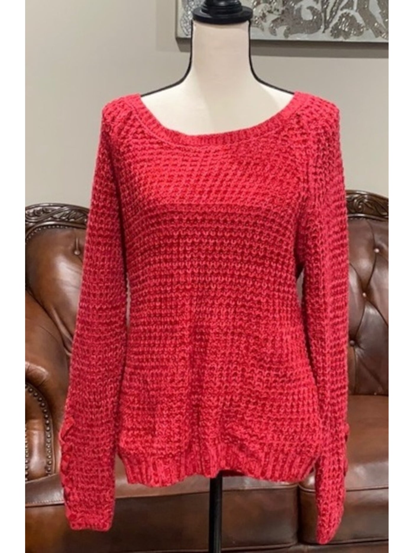 AMERICAN RAG Womens Red Cable Knit Cutout Long Sleeve Sweater Juniors S
