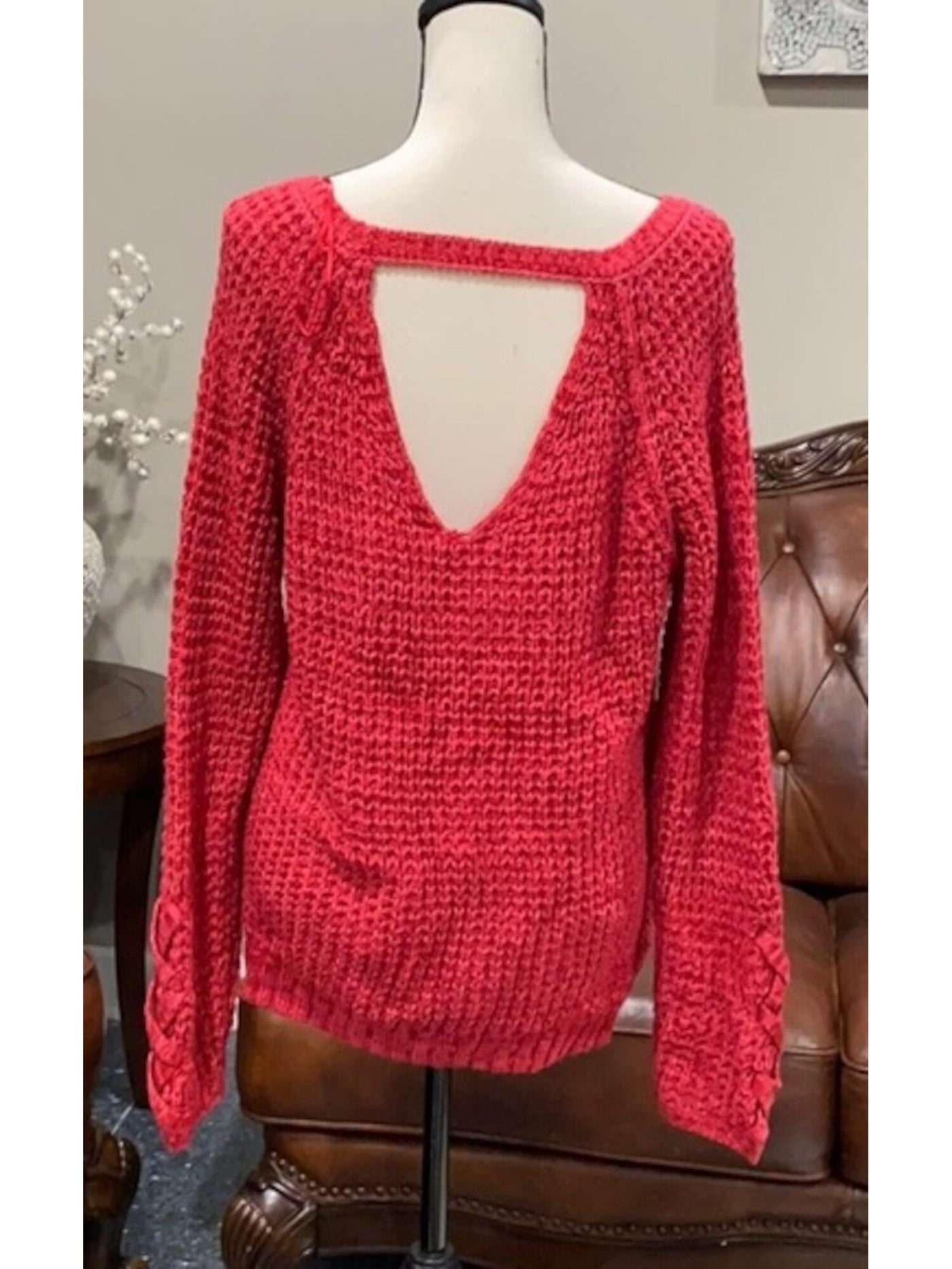 AMERICAN RAG Womens Red Cable Knit Cutout Long Sleeve Sweater Juniors S