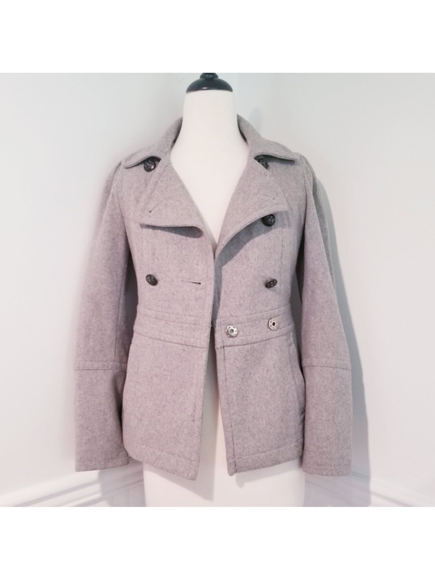 GUESS Womens Gray Pocketed Tweed Double Breasted Peacoat Winter Jacket M