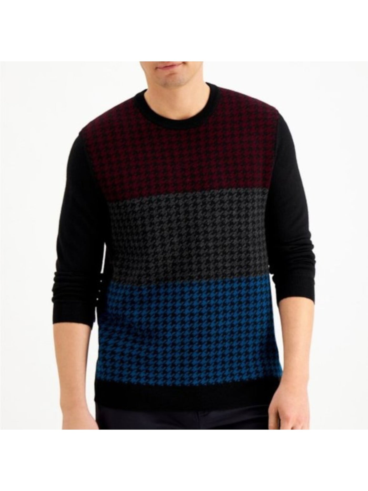 CLUBROOM Mens Black Houndstooth Crew Neck Pullover Sweater S
