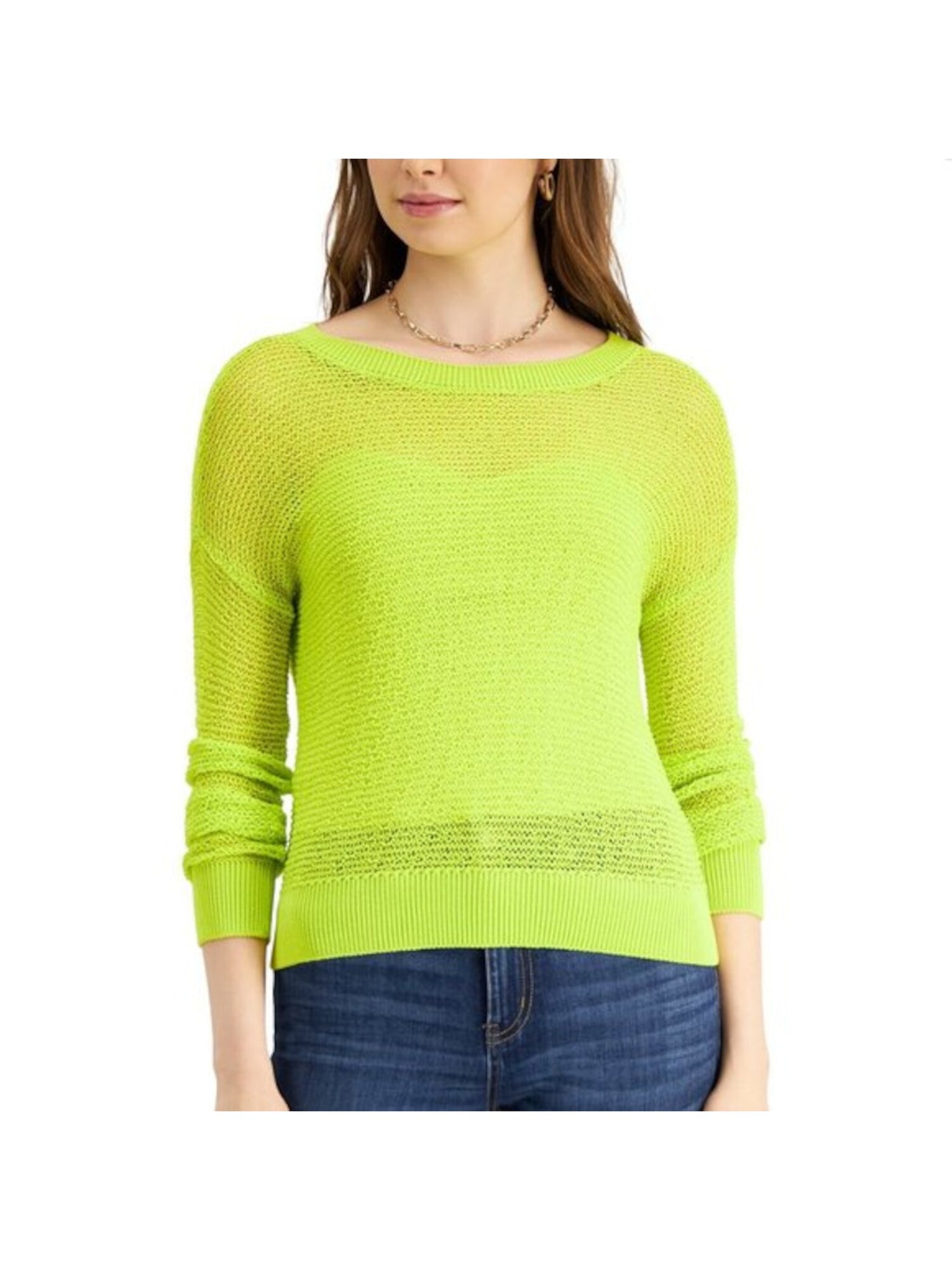 BAR III Womens Yellow Mesh Long Sleeve Scoop Neck Sweater Size: XS