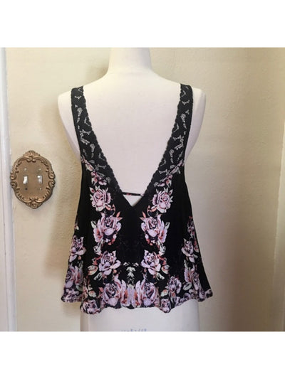 FREE PEOPLE Womens Black Floral Sleeveless V Neck Tank Intimates Top Size: S