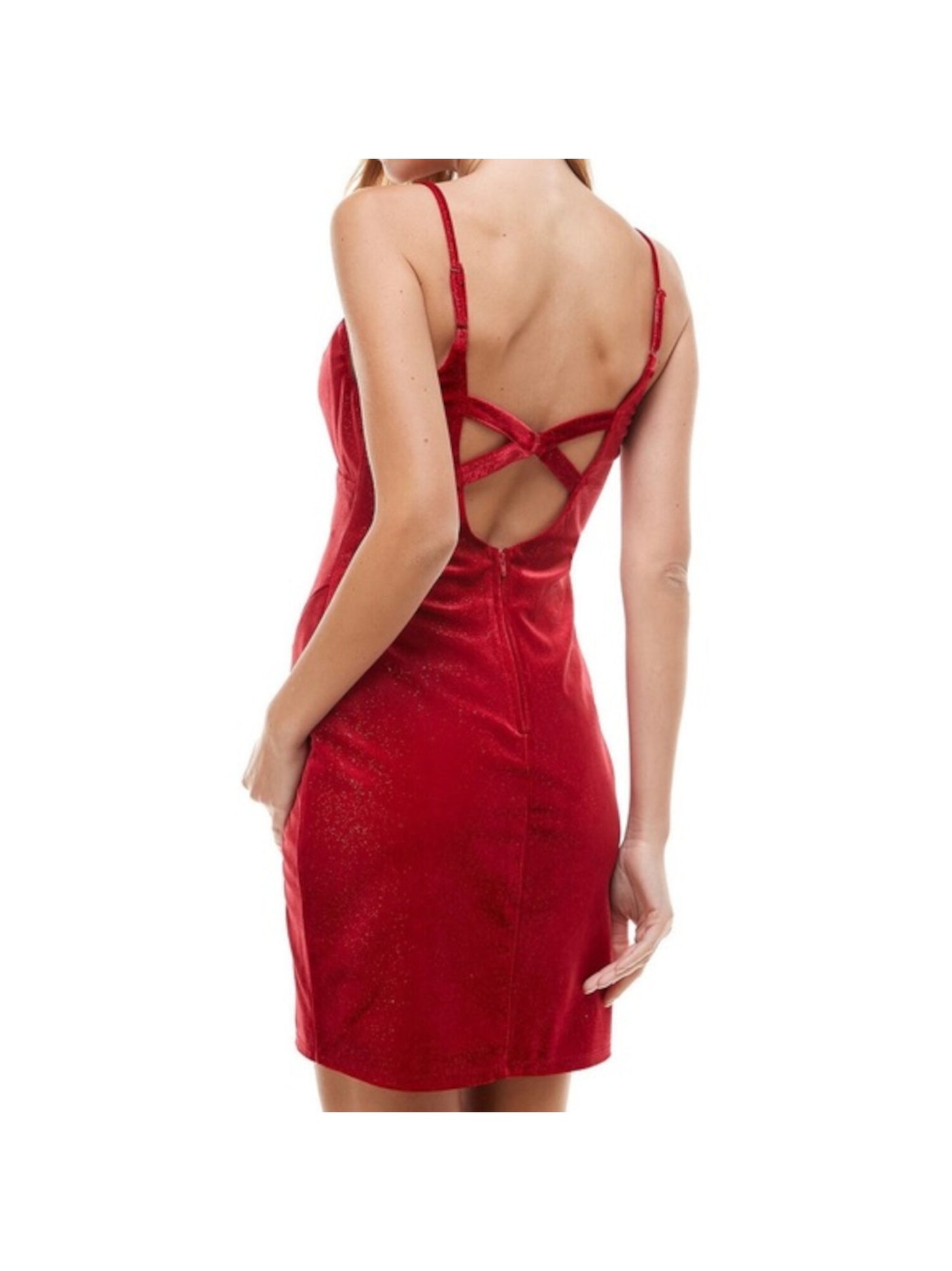 CITY STUDIO Womens Red Glitter Slitted Velvet Zippered Spaghetti Strap V Neck Short Party Body Con Dress Juniors 13