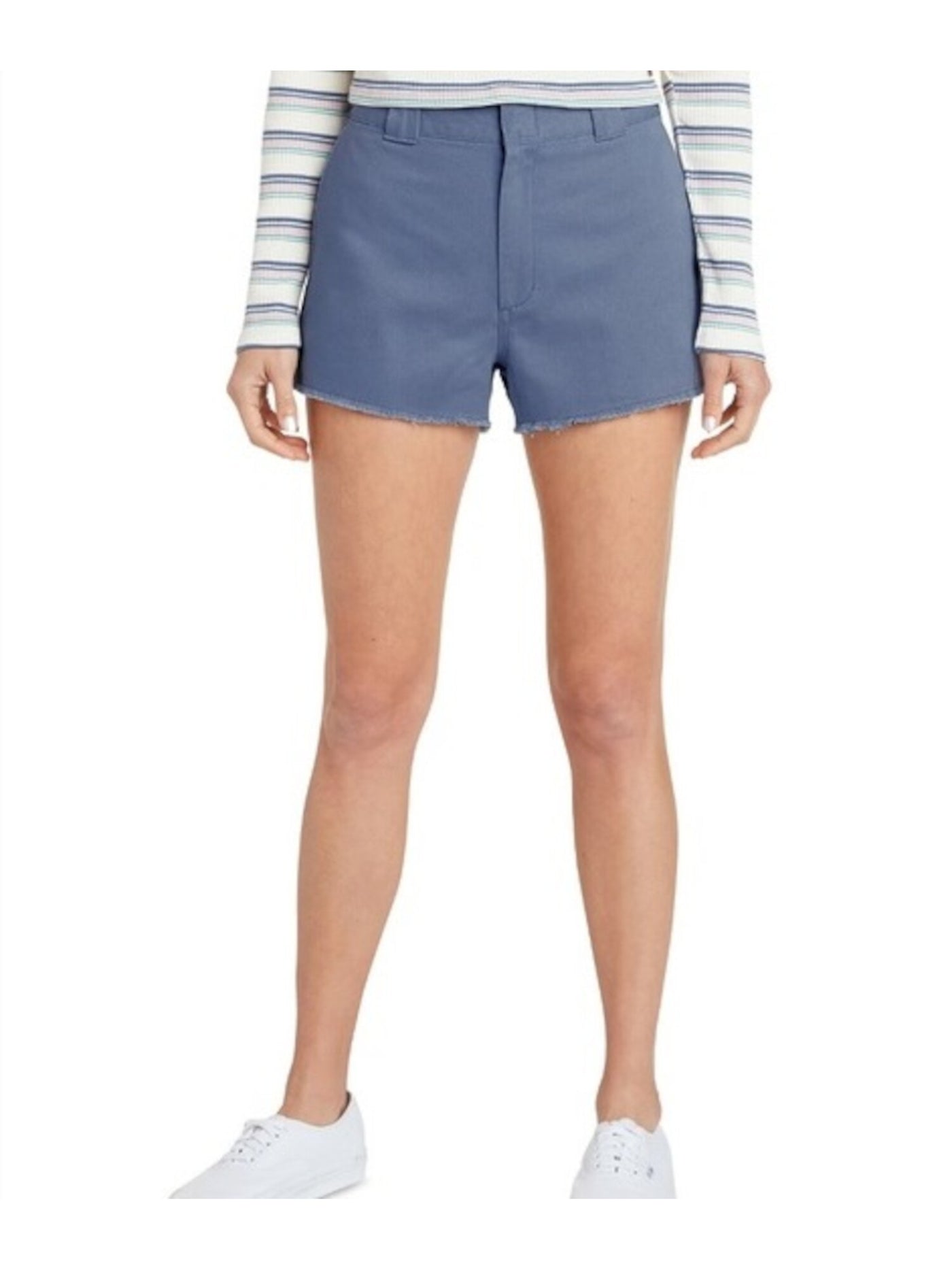 DICKIES Womens Navy Denim Frayed Pocketed Zippered High Waist Shorts Juniors 7\28