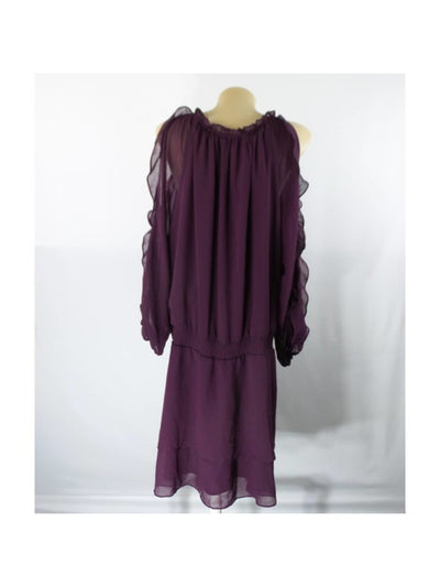 1. STATE Womens Purple Ruffled Cold Shoulder Long Sleeve V Neck Short Party Blouson Dress Plus 0X