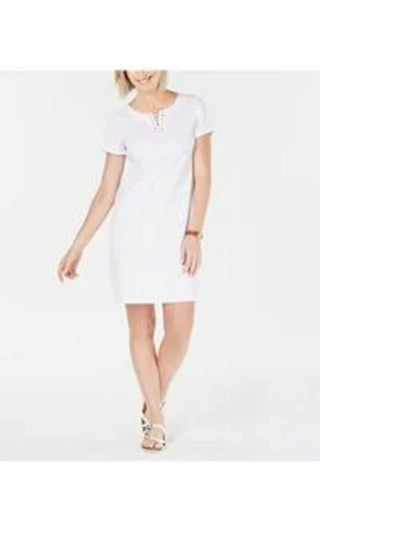 KAREN SCOTT Womens White Short Sleeve Split Above The Knee Wear To Work Shift Dress Petites PP